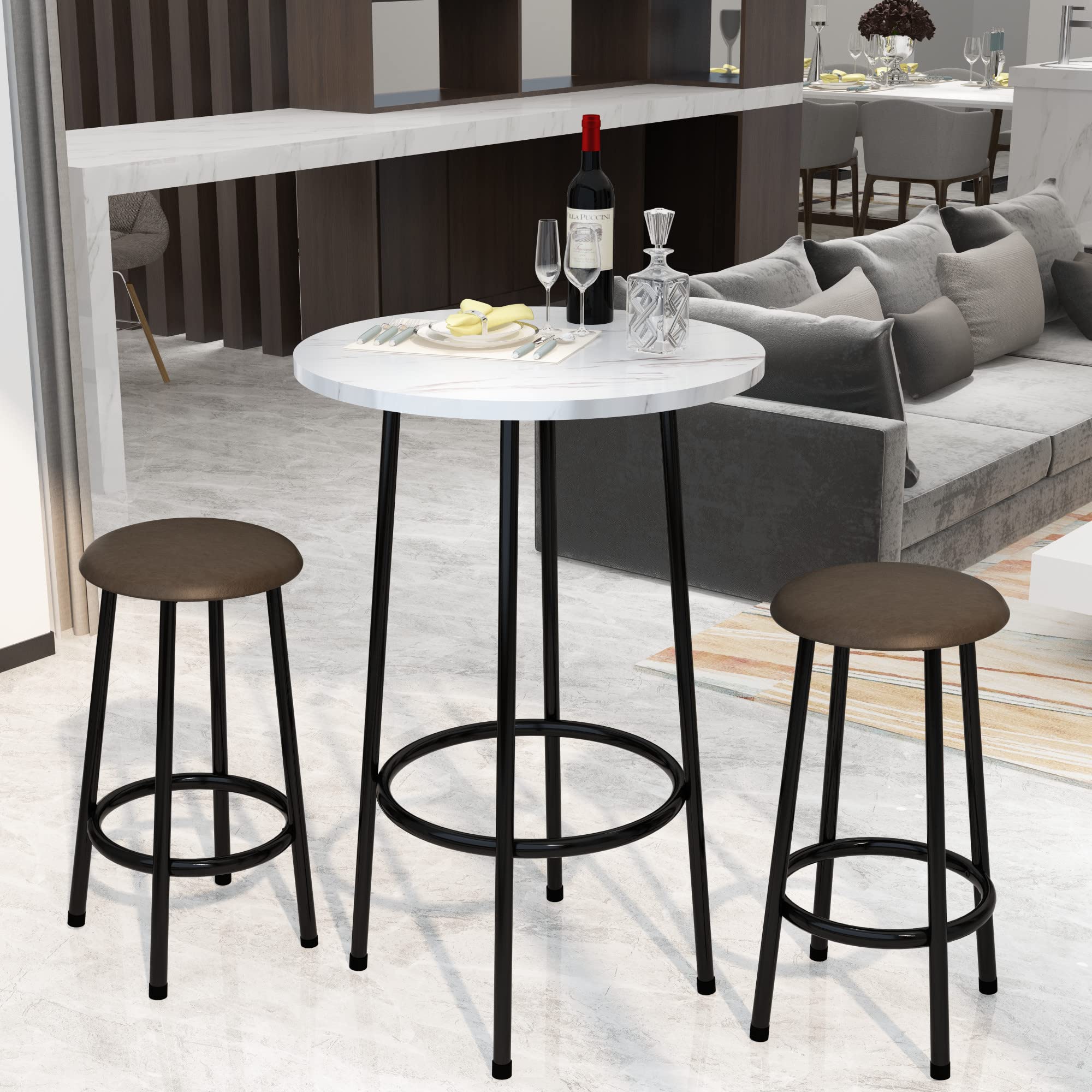 AWQM 3-Piece White Round Bistro Table and Chairs Set - Compact Pub Dining Set for Small Spaces, Breakfast Nook, Kitchen, Apartment, Balcony or Outdoor Cafe - Perfect for Entertaining, Coffee Time & Small Space Dining