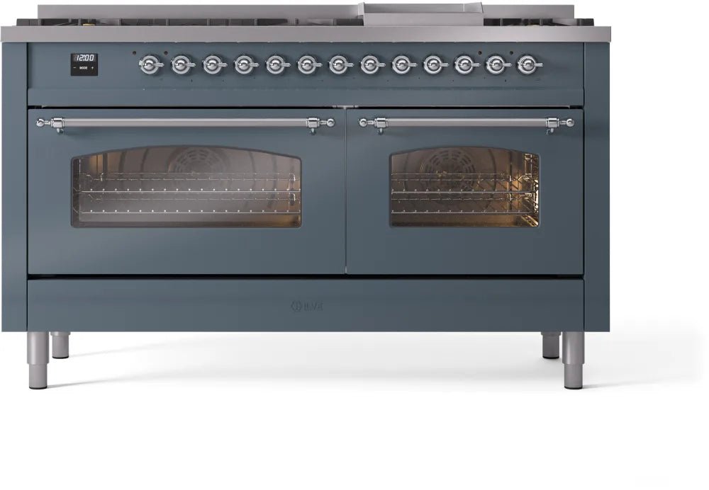 ILVE Nostalgie II 60 Inch Dual Fuel Natural Gas Range - Blue Grey with Chrome Trim (UP60FNMPBGC) | Professional Kitchen Appliance for Home Chefs & Restaurants