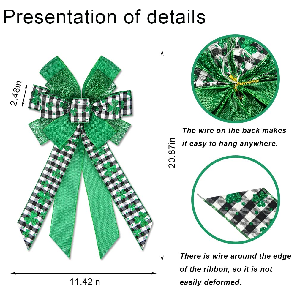 St. Patrick's Day Wreath Bows - Large Buffalo Plaid Burlap Bows with Green Shamrock Design for Holiday Decorations, Wreath Topper & Front Door Decor | Perfect for St. Patrick's Day Party, Home & Irish Themed Events