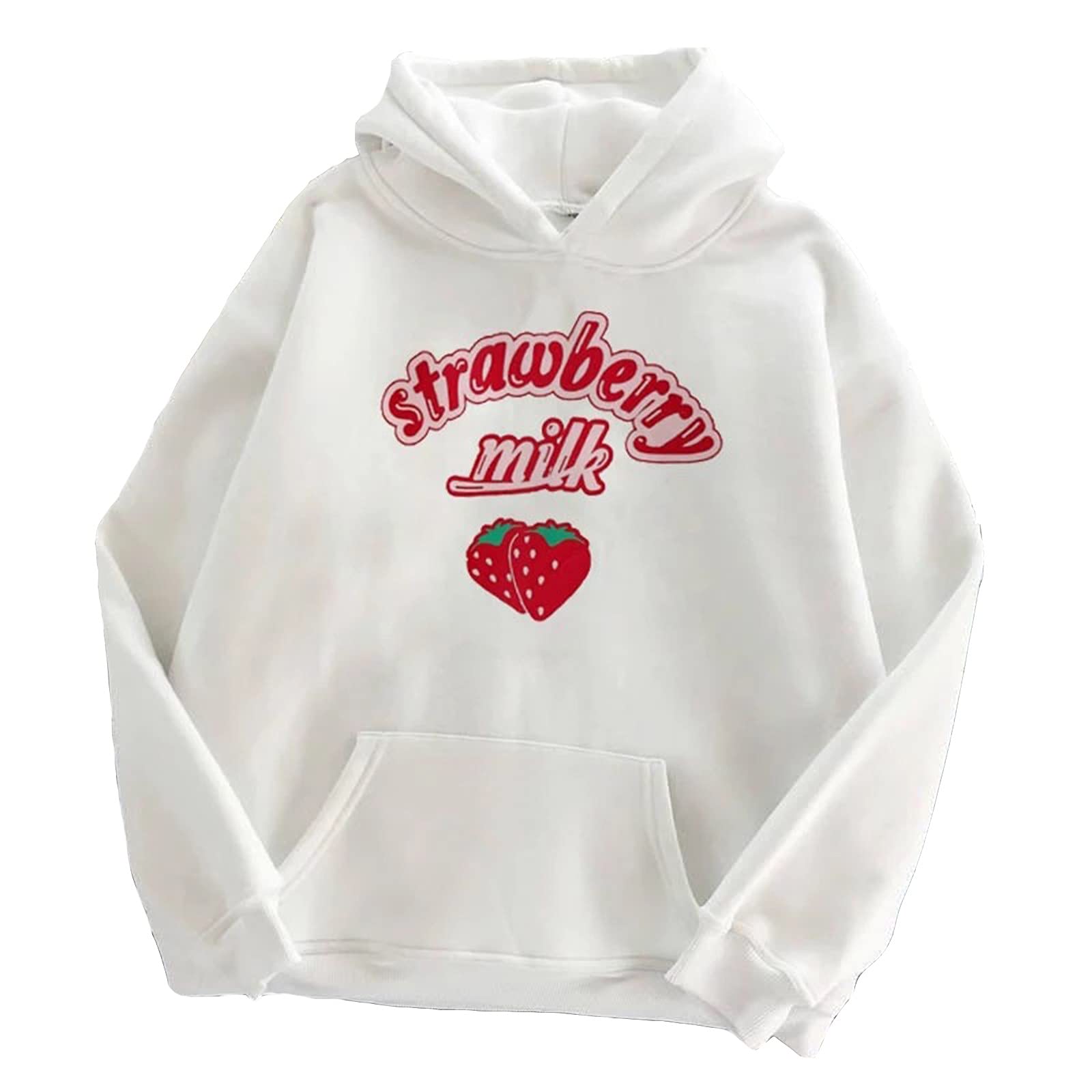 Strawberry Milk Print Hoodie for Women & Teen Girls - Cute Long Sleeve Pullover Sweatshirt with Drawstring & Pocket | Casual Outfit, Streetwear Fashion, Loungewear