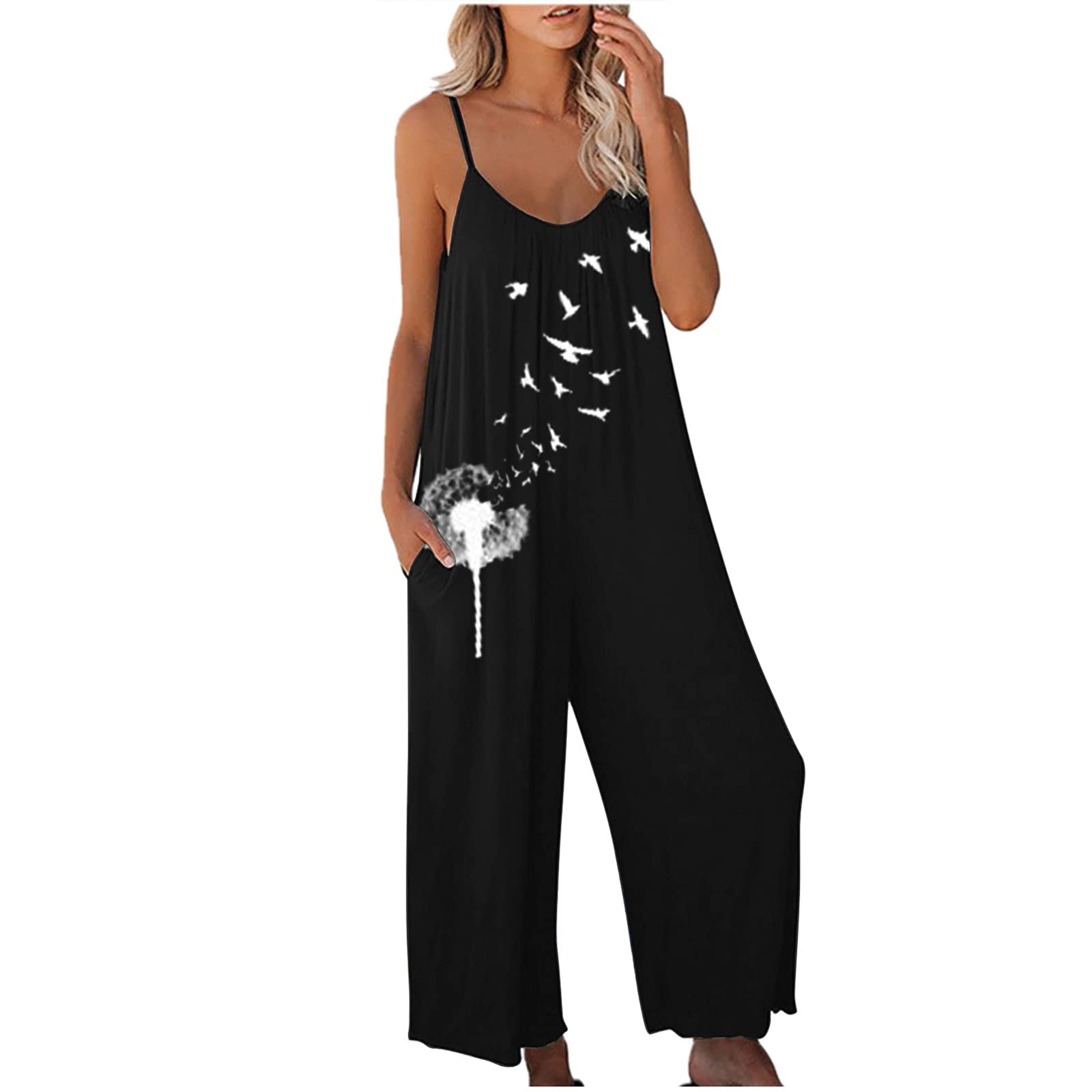 Women's Glitter Romper with Pockets - Loose Long Sleeve Jumpsuit with Adjustable Straps & Stylish Print | Perfect for Parties, Festivals, and Casual Outings