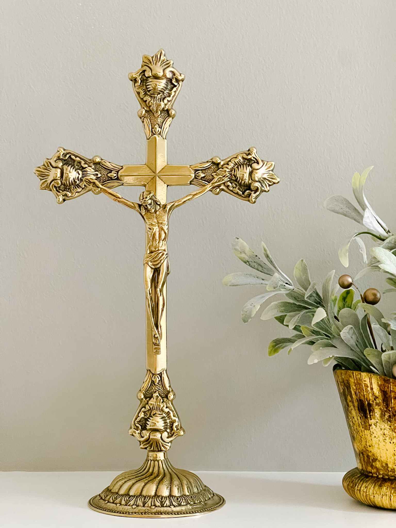 Standing Crucifix Grande - Polished Brass Religious Cross for Home Altar, Church Decor, and Prayer Spaces