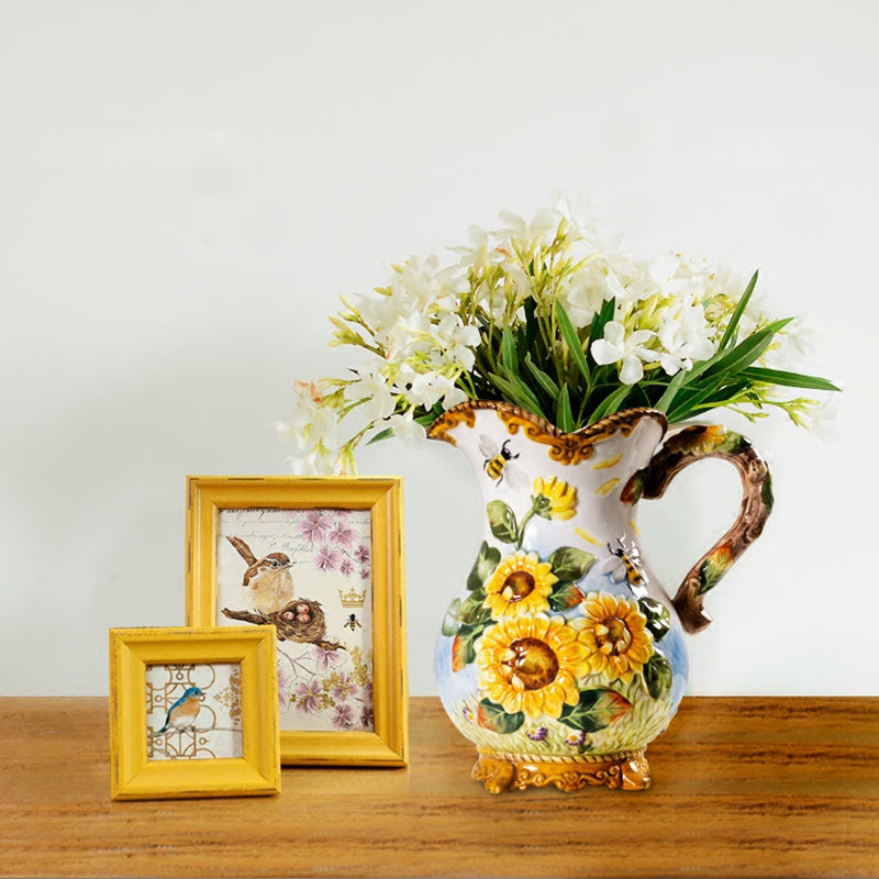 Sunflower Ceramic Jug Vase - Handmade Floral Home Decor for Farmhouse, Boho & Rustic Style - Perfect for Kitchen, Dining Table & Wedding Centerpieces
