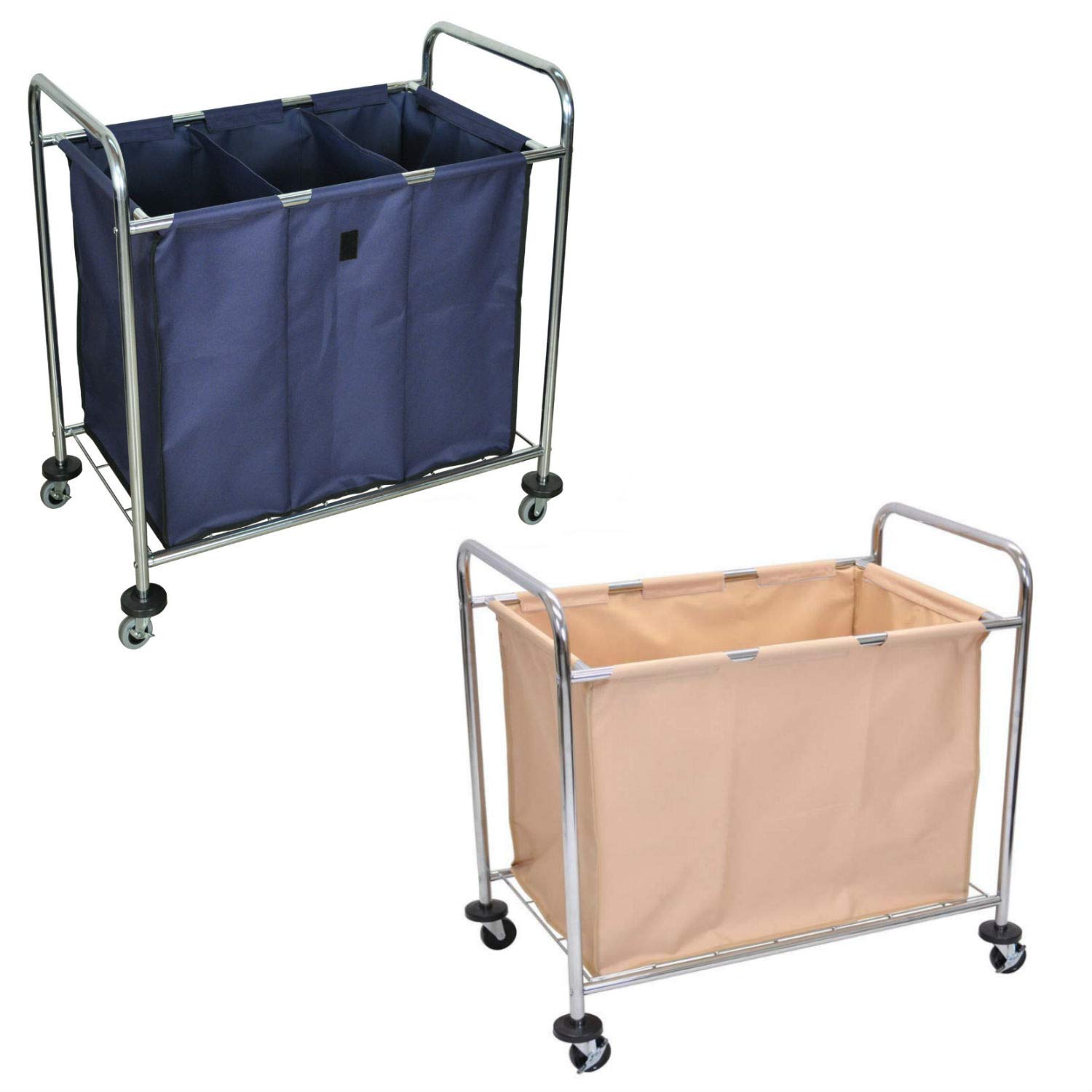Luxor Heavy Duty Laundry Cart with Chrome Plated Steel Frame & Industrial Canvas Bag - Navy | Commercial Laundry Cart with Dividers for Hotels, Hospitals, and Laundromats