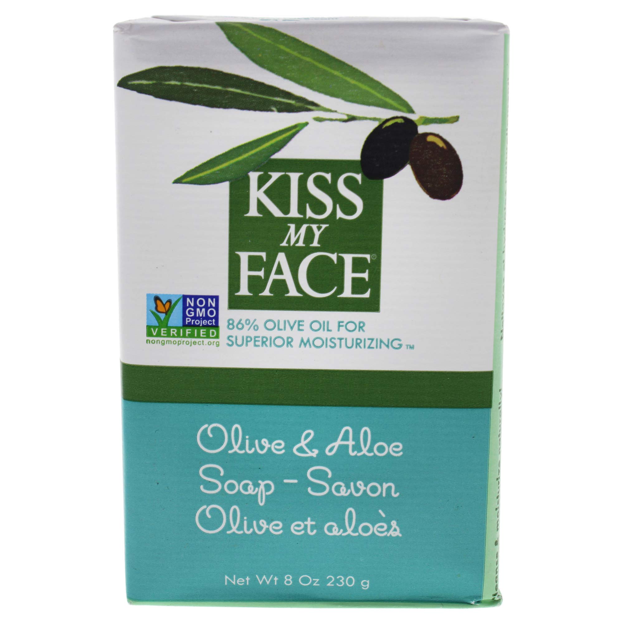 Kiss My Face Olive & Aloe Bar Soap - 8 oz Natural Moisturizing Soap for Men & Women - Gentle Cleansing for Face & Body, Sensitive Skin Care, Eco-Friendly Bath Soap