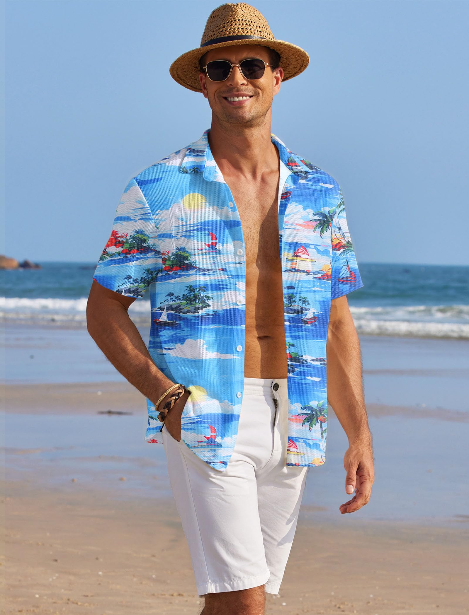 COOFANDY Men's Short Sleeve Waffle Knit Button Down Shirt - Breathable Casual Summer Shirt for Men, Wrinkle-Free Beach Top | Perfect for Outdoor Activities, Vacation & Casual Wear