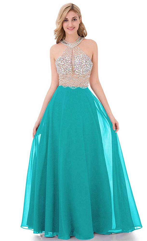 Honeydress Women's Beaded Halter Prom Dress Long Chiffon Evening Gown with Rhinestones - Sleeveless Party Gown for Formal Events, Weddings & Special Occasions