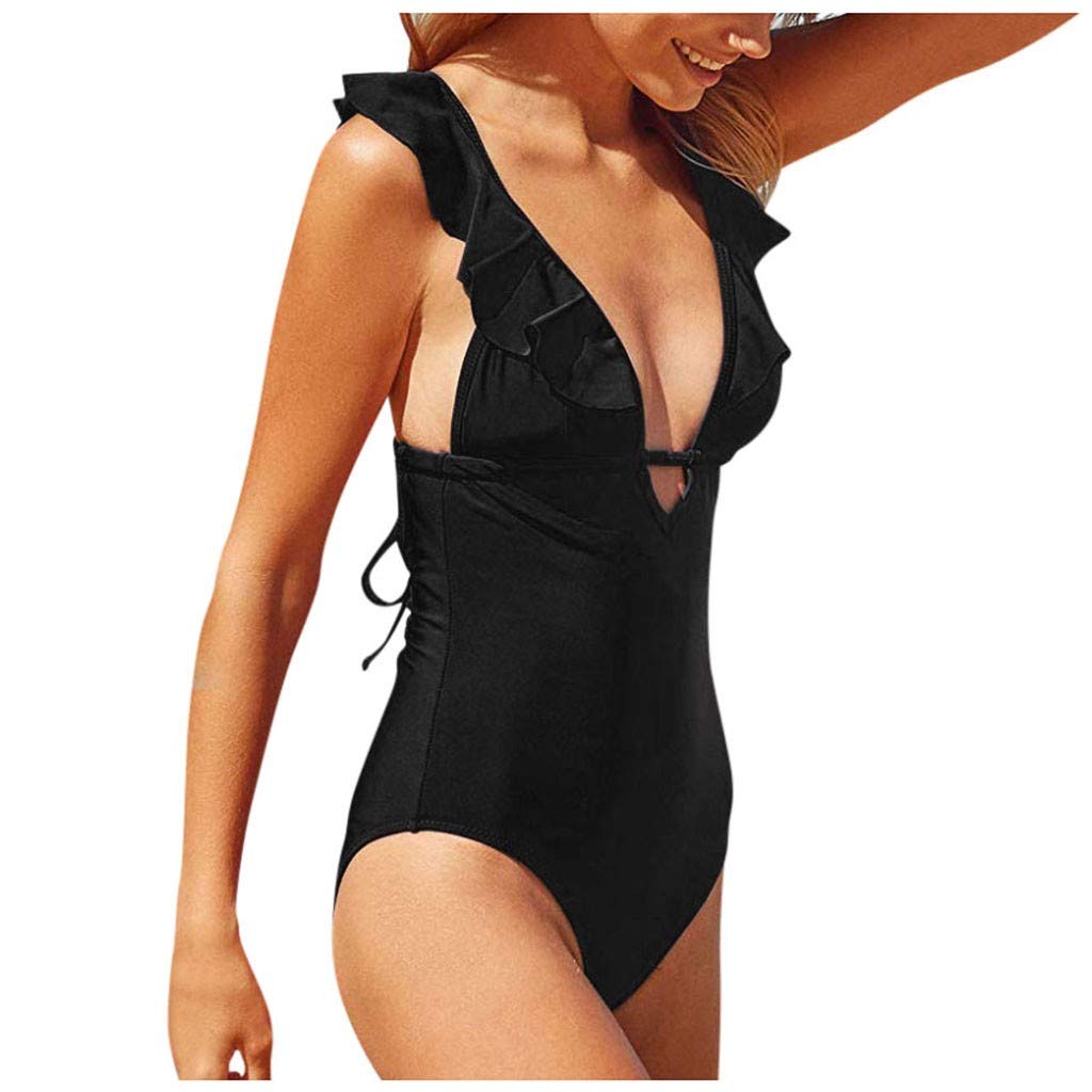 Women's One Piece Swimsuit - Halter Neck Cutout Design with Tropical Print, V-Neck Monokini Bathing Suit for Beach Vacation & Pool Party