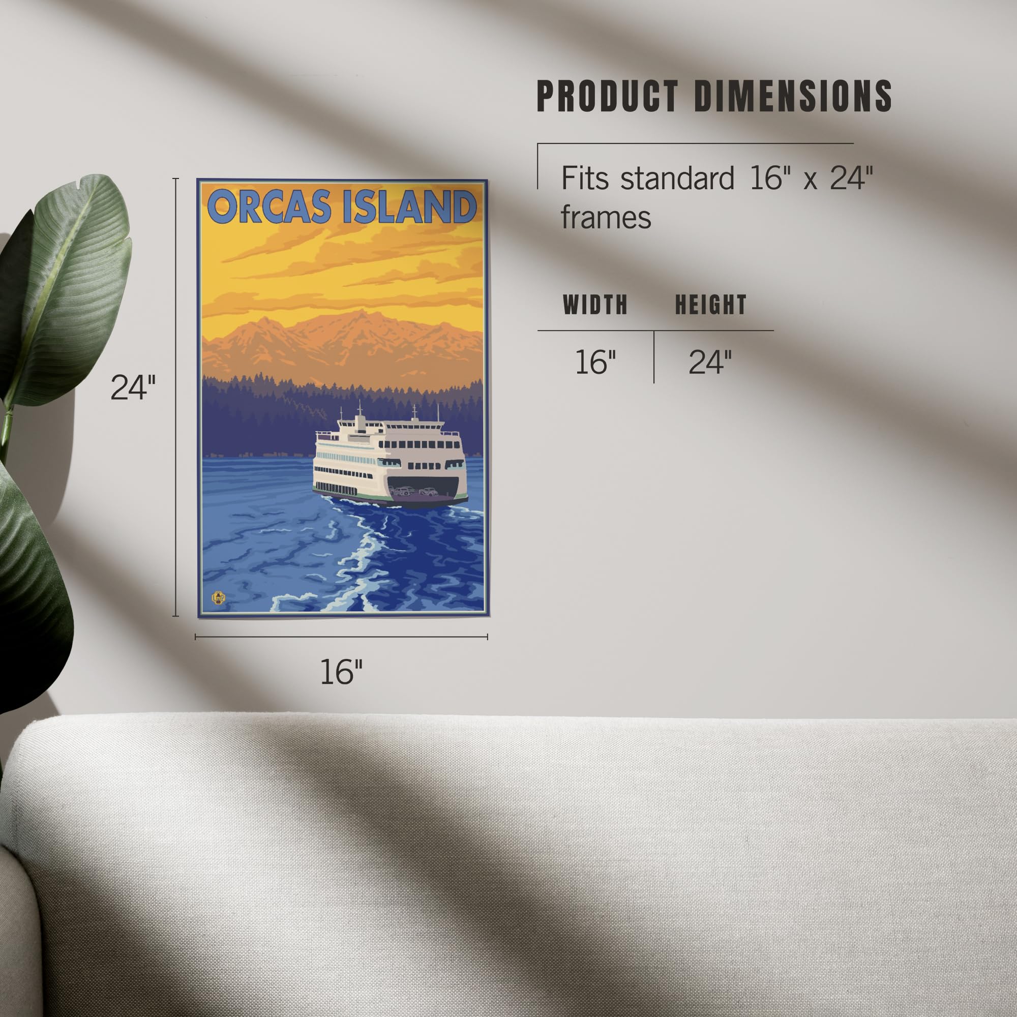 Lantern Press 16x24 Inch Giclee Art Print - Orcas Island Washington Landscape with Ferry and Mountains - Wall Decor for Living Room, Bedroom or Office