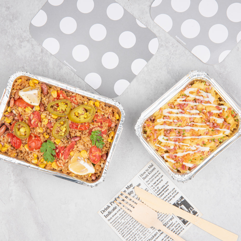 16 oz Rectangle Silver Aluminum Take Out Containers with Polka Dot Paper Lids - 7.25