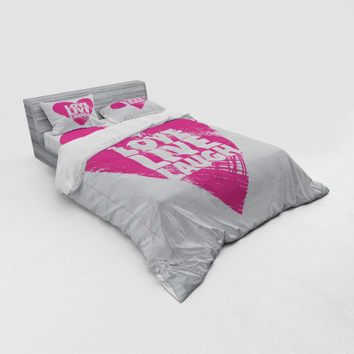 Ambesonne Live Laugh Love 4-Piece Queen Size Bedding Set - Hot Pink & White Duvet Cover with Shams & Fitted Sheet, Notebook Style Design with Giant Heart - Perfect for Teen Girls' Bedrooms, Dorm Decor, or Romantic Gift Idea