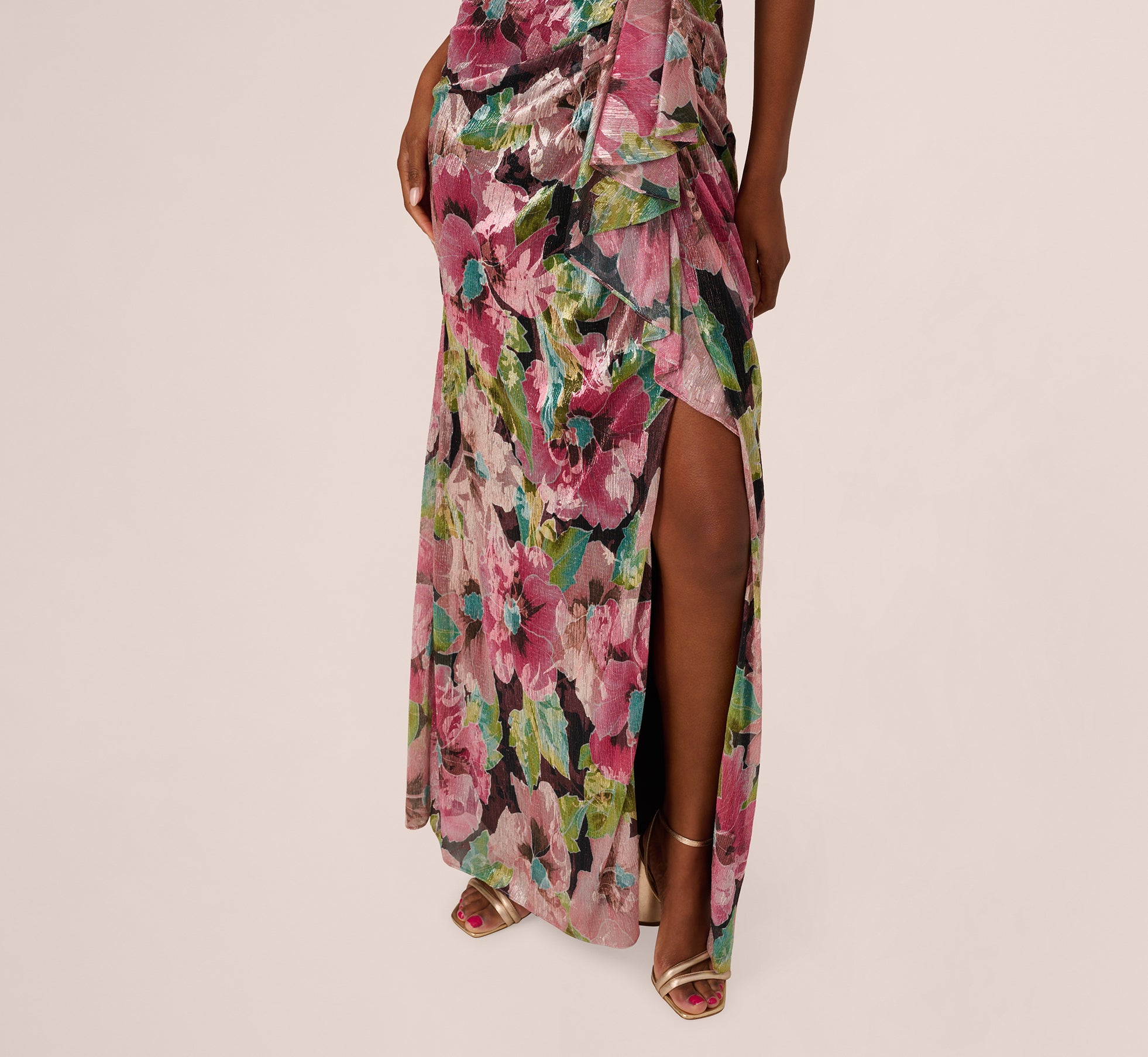 Elegant Sleeveless Asymmetrical Metallic Floral Maxi Dress in Navy & Pink - Perfect for Evening Parties, Proms, and Special Occasions