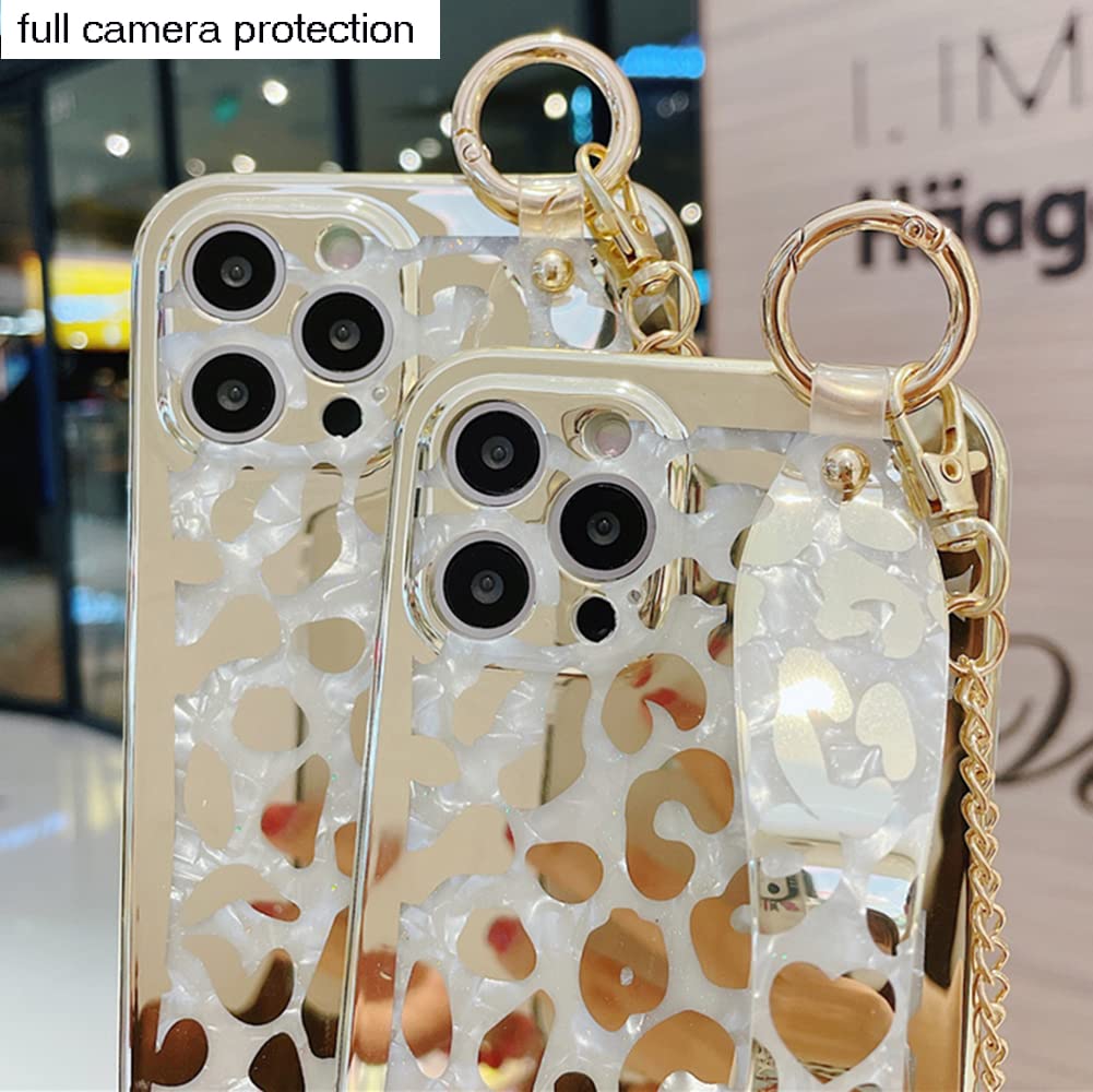 Sparkly Golden Leopard Print iPhone 12 Case for Women & Girls - Glitter Cheetah Design with Wrist Strap & Metal Chain - Trendy Protective Phone Cover for School, Work, and Everyday Use