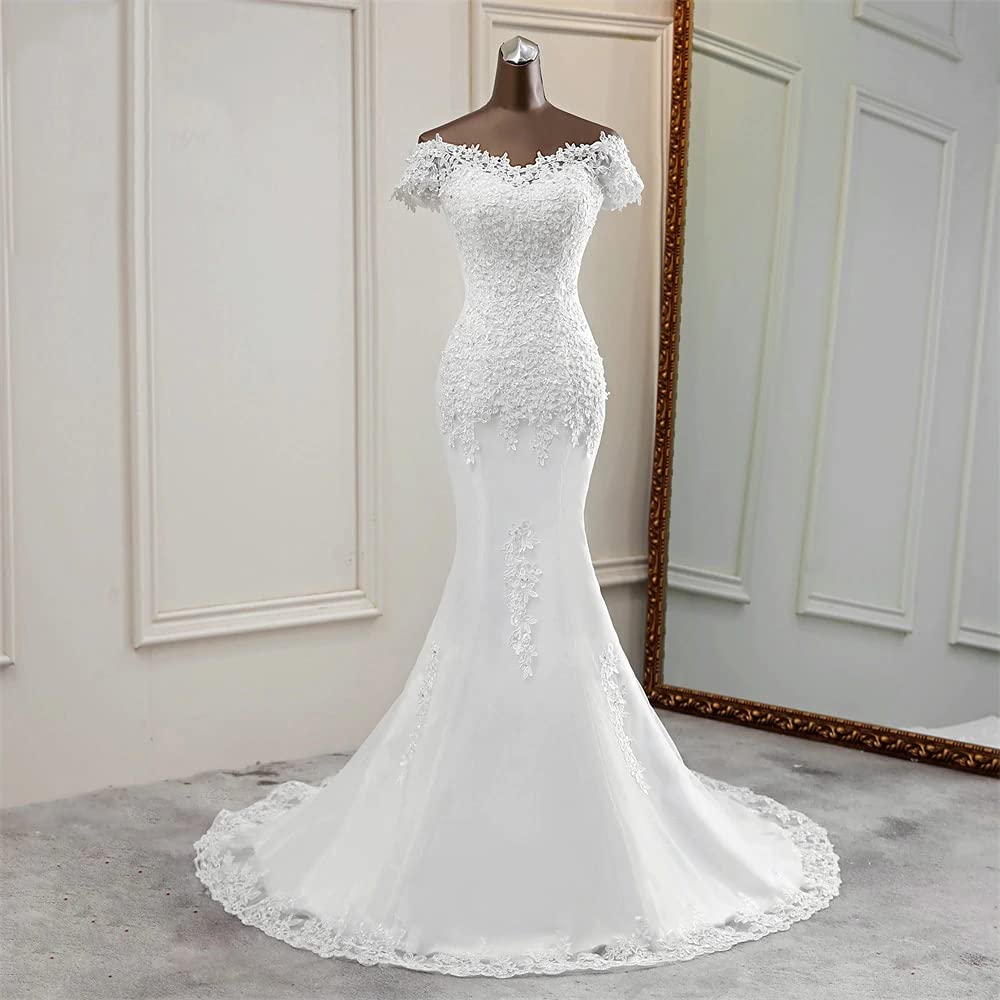 XYAYE Elegant Off-the-Shoulder Lace Mermaid Wedding Dress with Sequins & Sweep Train - Perfect for Brides, Beach Weddings & Formal Ceremonies