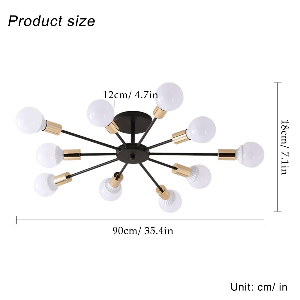 Vintage Industrial Semi-Flush Mount Ceiling Light - Mid Century Modern Black & Gold 10-Light Sputnik Chandelier for Farmhouse, Dining Room & Bedroom Lighting