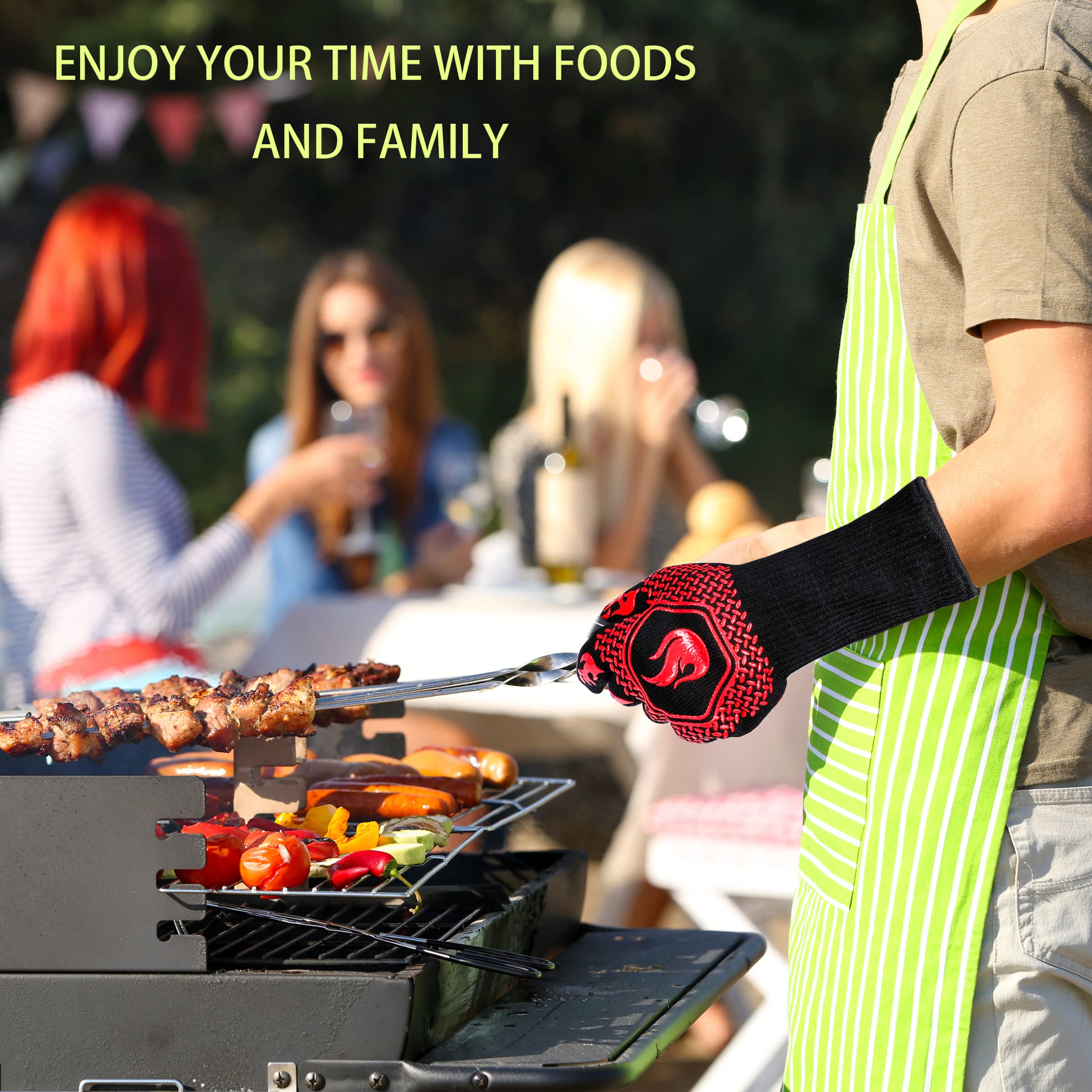 Heat-Resistant BBQ Gloves - 1472°F Fireproof & Cut-Resistant Grill Gloves with Non-Slip Silicone Grip for Safe Cooking, Grilling, Frying & Baking - Perfect for Outdoor BBQ, Camping & Kitchen Use (2 Pairs, Red)