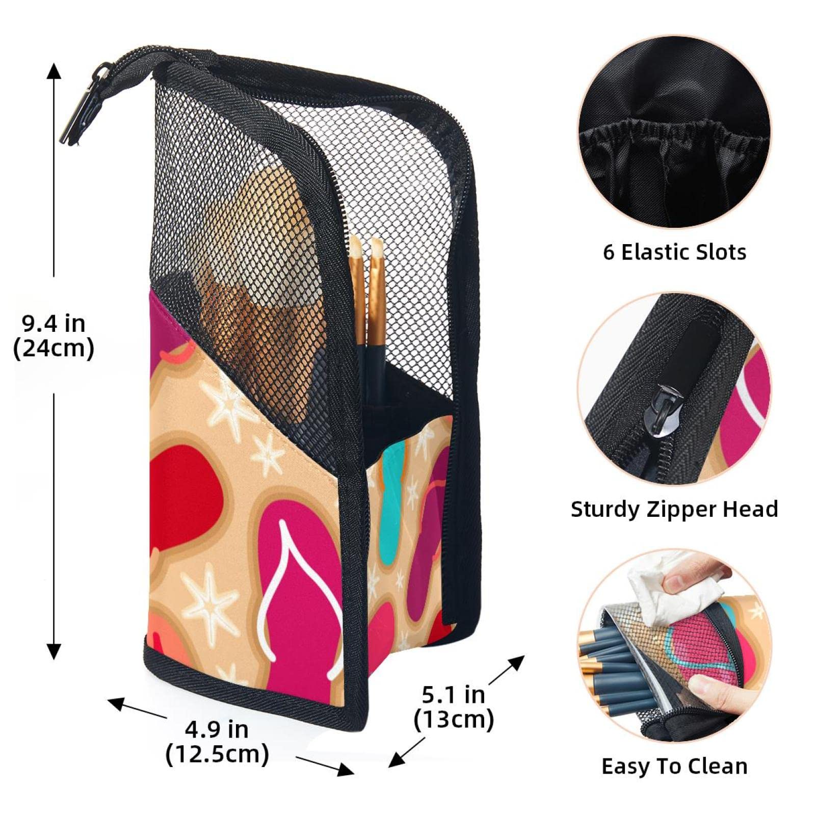 12-Piece Makeup Brush Organizer Bag with Starfish Colorful Flip Flops - Portable Makeup Brush Holder Set Case for Travel & Home Storage