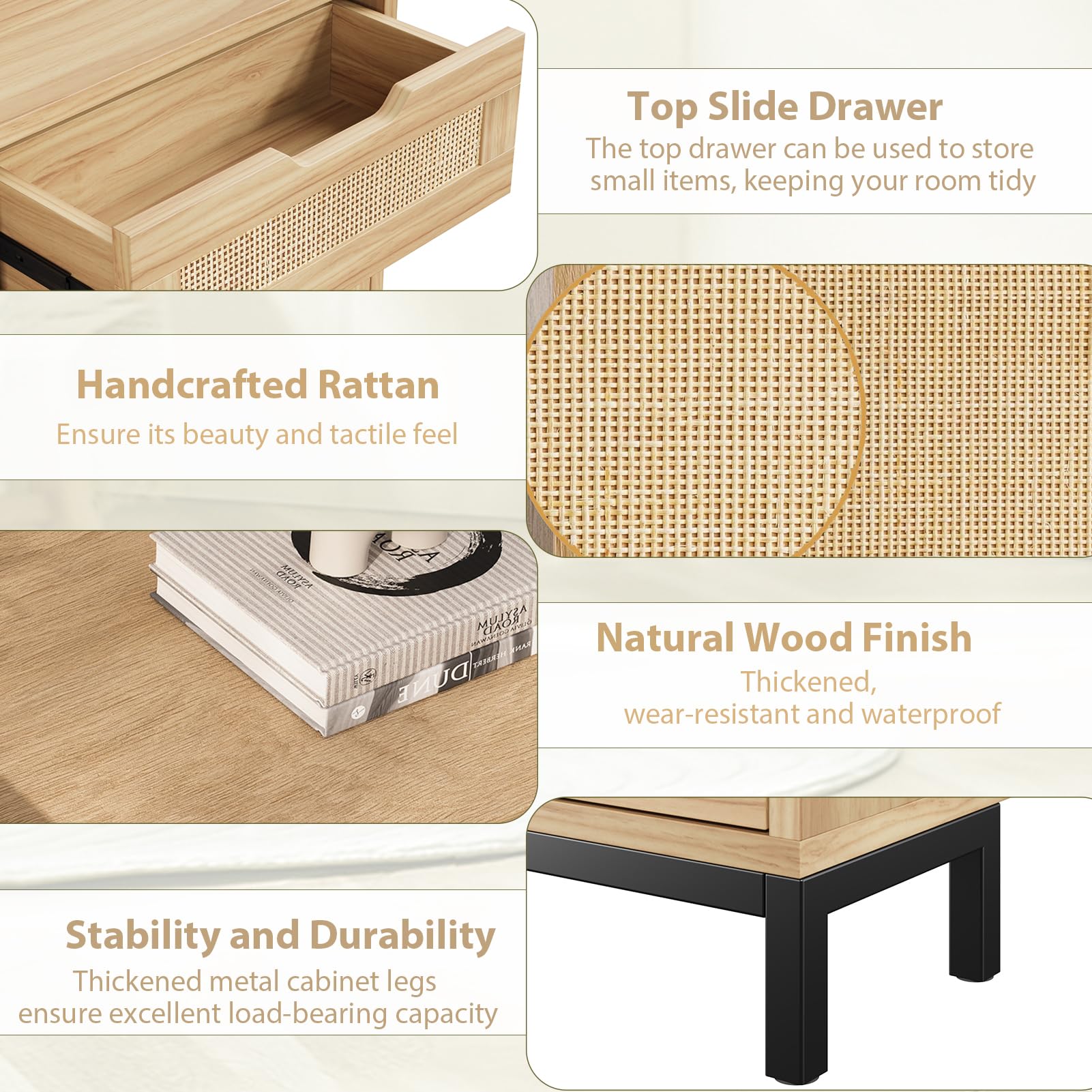Boho Rattan Shoe Storage Cabinet with 4 Flip Drawers - Narrow Free Standing Wooden Shoe Organizer for Entryway, Hallway & Foyer - Hidden Shoe Storage Solution for Small Spaces (Wood, 4 Drawers) - Perfect for Apartments, Dorms and Clutter-Free Home Organization