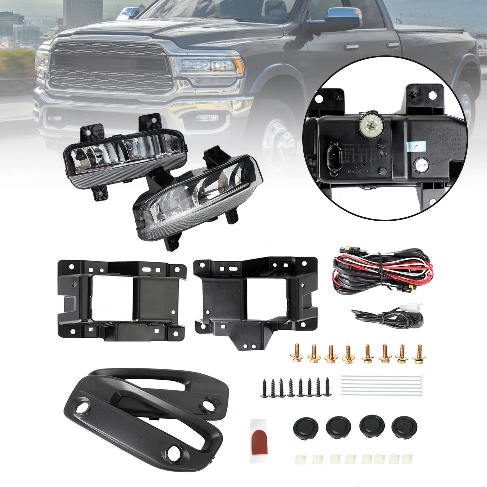 LED Front Fog Light Kit with Bracket & Wiring Harness for Dodge Ram 2500/3500 (2019-2021) - Durable Off-Road Lighting for Night Driving & Foggy Conditions