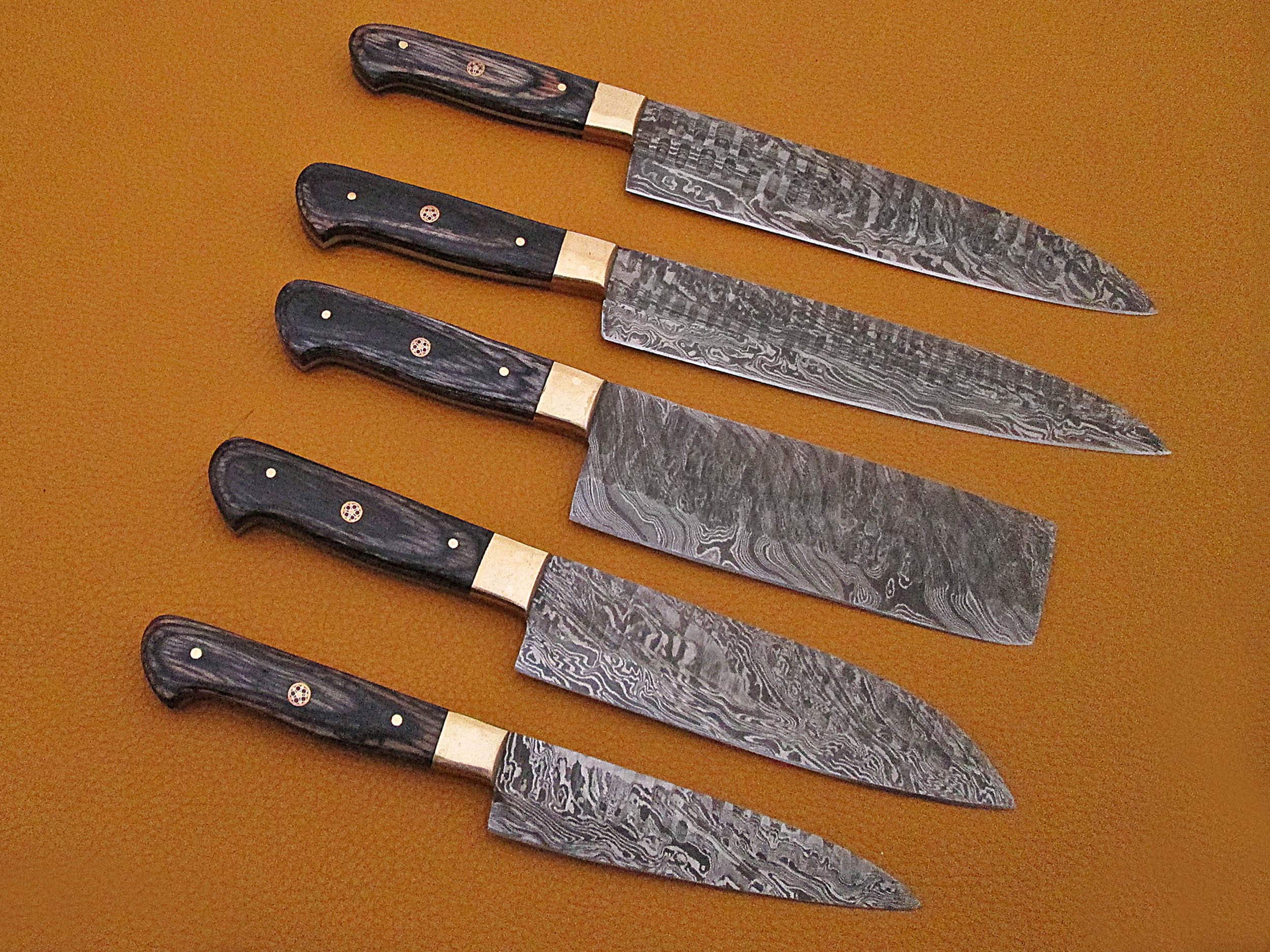 Premium 5-Piece Damascus Steel Kitchen Knife Set - Hand Forged Hammered Blades with 2-Tone Wood Handle - 54-Inch Razor Sharp Knives - Includes Black Goat Suede Leather Sheath - Perfect for Professional Chefs & Home Cooking Enthusiasts