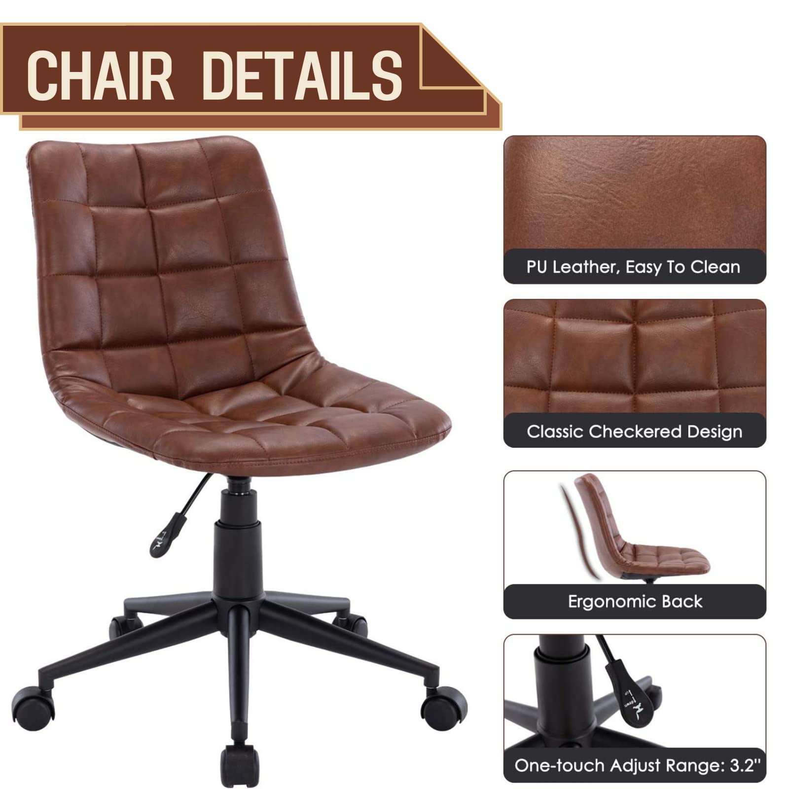 Ergonomic Armless Desk Chair - Faux Leather Adjustable Swivel Rolling Task Chair for Home Office, Study Room & Workspace - Modern Computer Chair in Brown