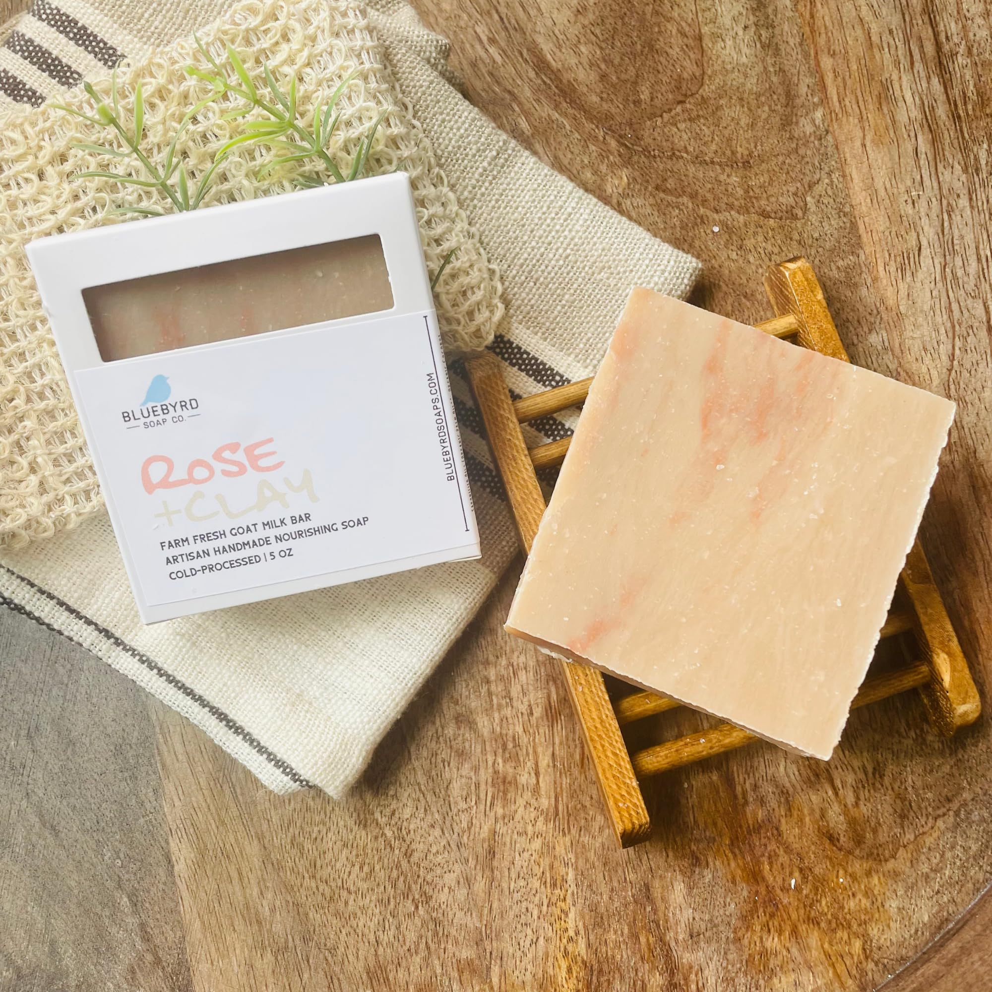 Bluebyrd Natural Rose Clay Goat's Milk Soap Bar - Organic Moisturizing Cleansing Bar with Farm Fresh Goat Milk for Smooth Skin | Handmade Rose Scented Soap for Face & Body Care | Perfect for Dry Skin, Sensitive Skin & Daily Skincare Routine