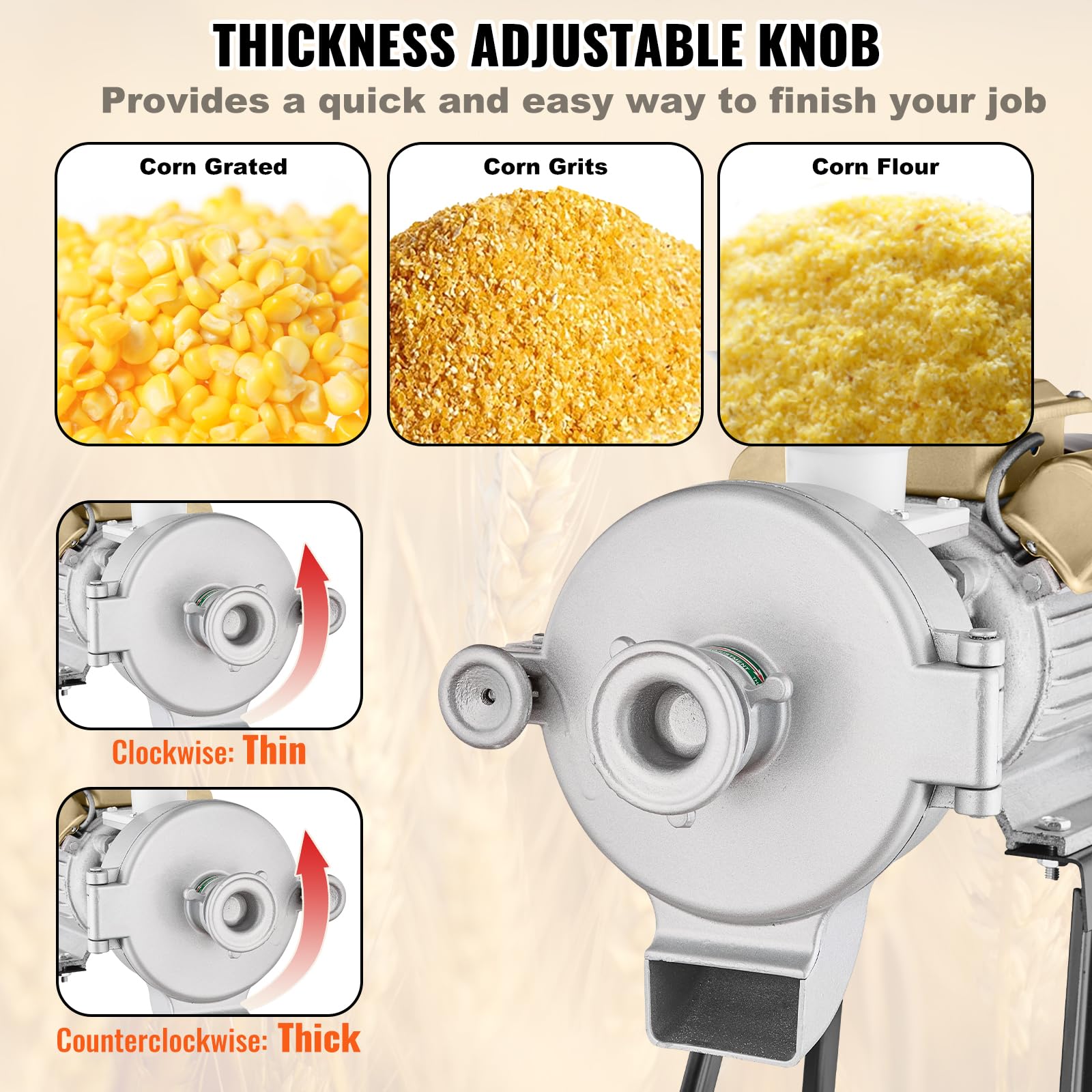 VEVOR 3000W Commercial Electric Grain Mill Grinder - Adjustable Corn Wheat Spice Grinder for Flour, Cereal & Feed - Heavy Duty Dry & Wet Powder Machine with Funnel - Perfect for Bakeries, Restaurants & Home Kitchens