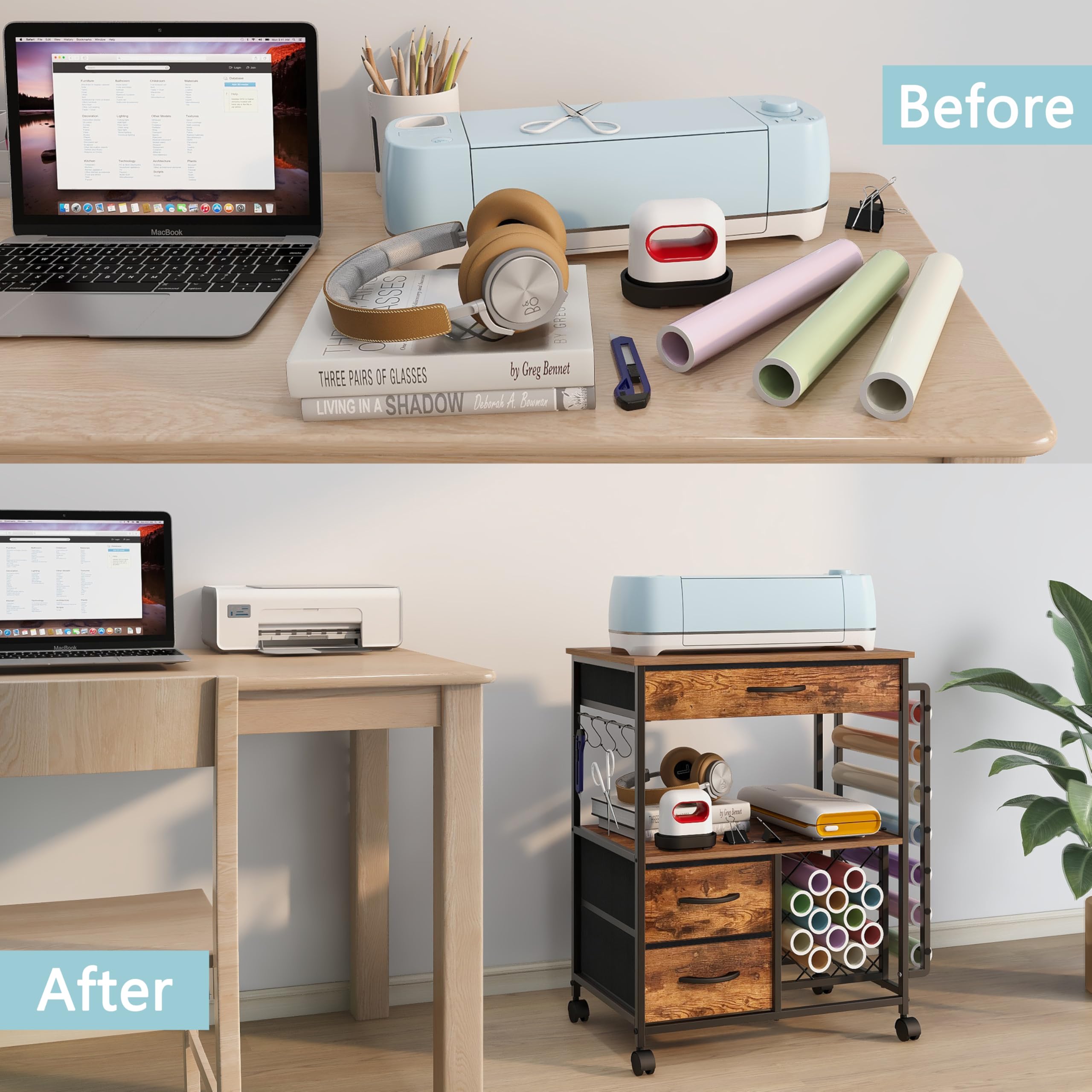 Storage Cart for Cricut Machines - Rolling Craft Cabinet with Drawers & Vinyl Roll Holder - Rustic Brown Cutting Machine Stand - Perfect for Craft Workstations, Scrapbooking & DIY Projects