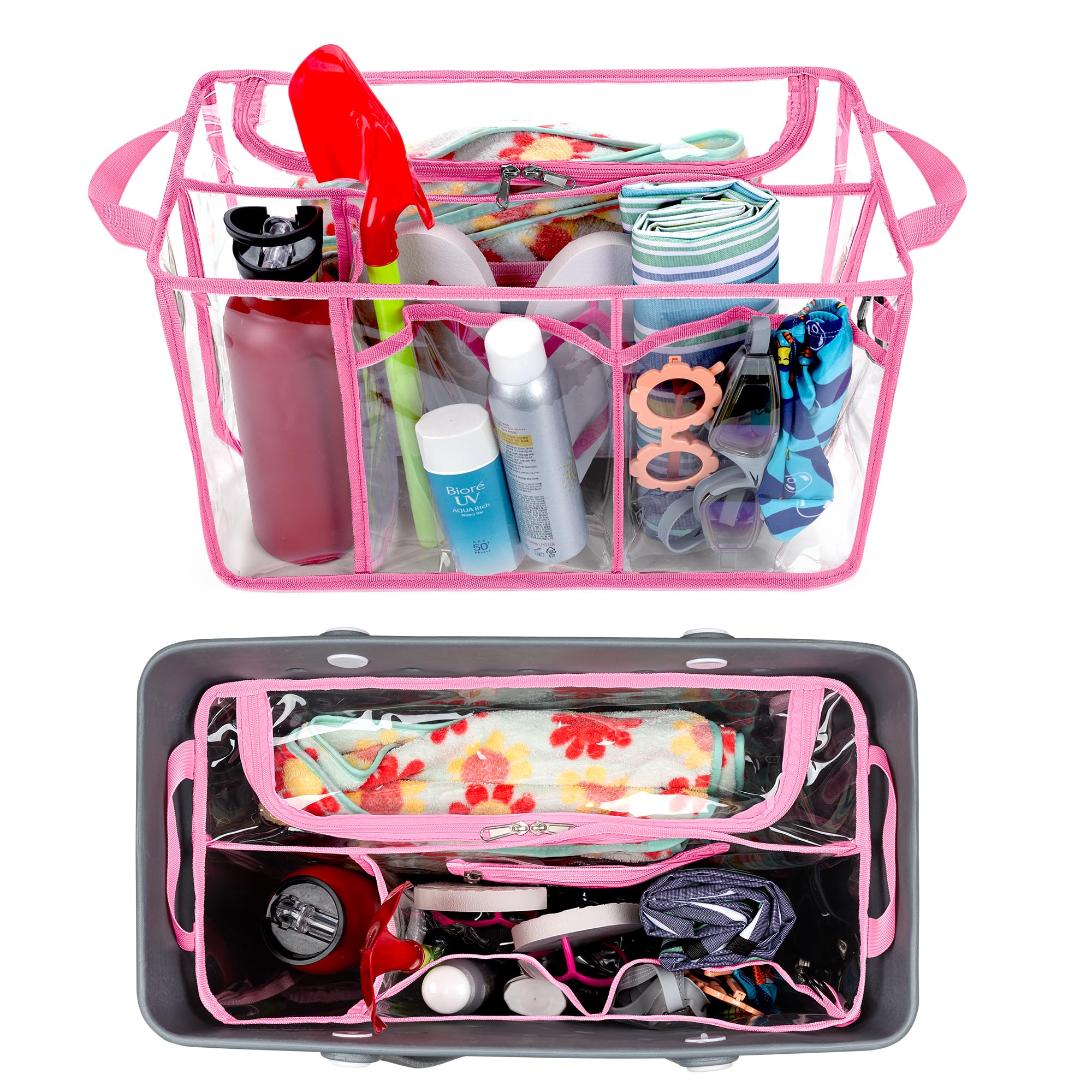 Waterproof Clear Beach Bag Organizer Insert for Bogg Bag X Large - 15.6 x 8.4 x 10.8 Inches Pink Divider Pouch - Perfect for Beach Trips, Poolside Essentials & Travel Organization