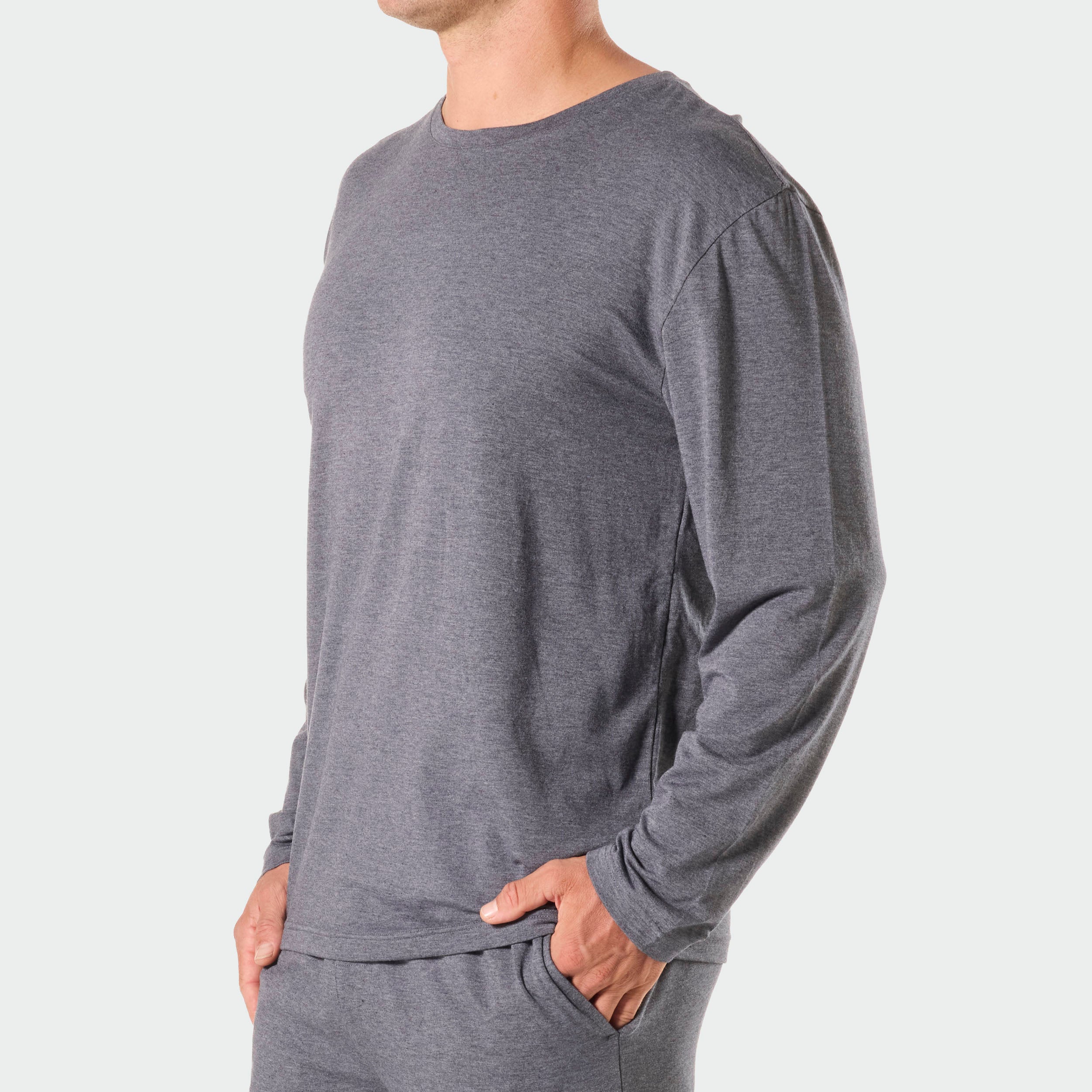 Men's Soft Bamboo Long Sleeve Sleep T-Shirt - Grey Marle - Comfortable Nightwear for Relaxing at Home & Lounge Wear