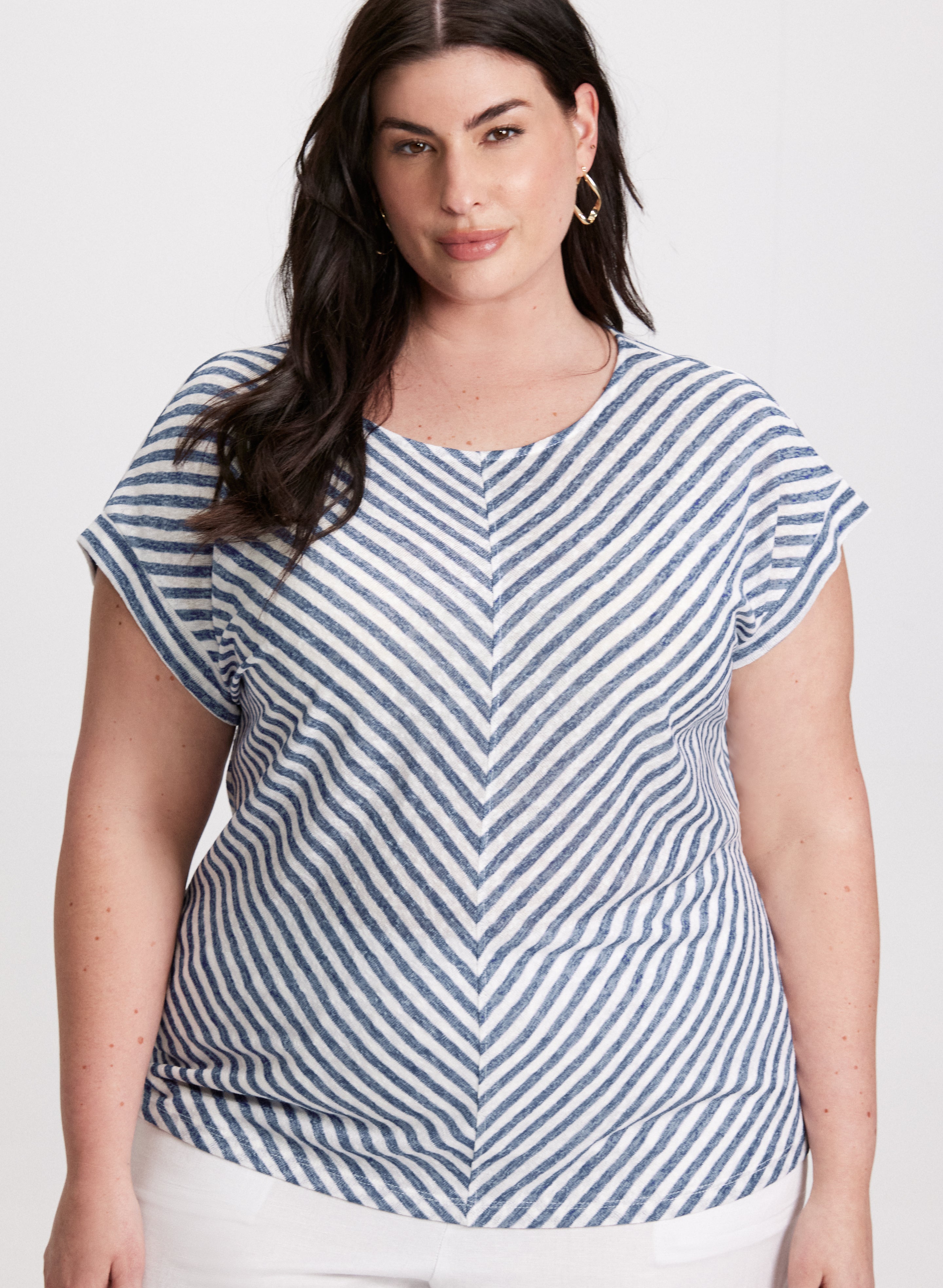 Diagonal Stripe Cap Sleeve Top for Women - Fashion Summer T-Shirt - Casual & Comfortable Daily Wear - Perfect for Beach, Shopping and Outdoor Activities