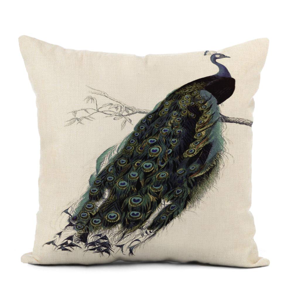 Topyee 16x16 Inch Blue Peacock on Branch Vintage Green Bird Throw Pillow Cover - Square Decorative Cushion Covers for Sofa, Couch & Bed - Perfect for Living Room, Bedroom & Home Decor