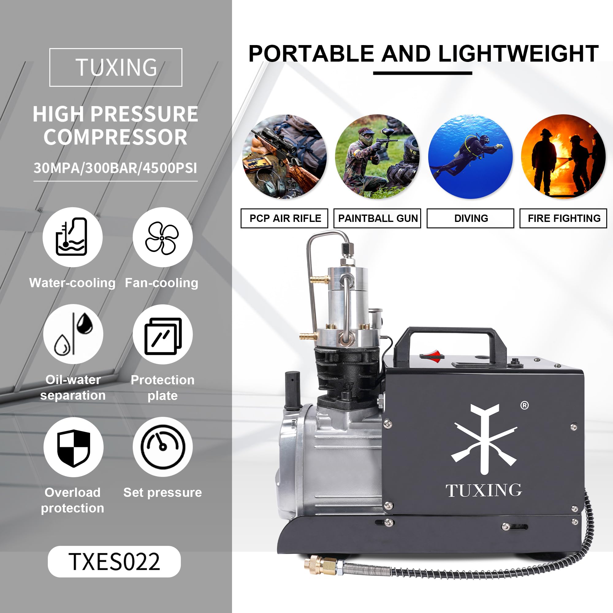 TUXING 4500Psi PCP Air Compressor with Adjustable Auto Stop - High Pressure Water Cooling Pump for PCP Air Rifles & Scuba Tank Charging - 110V Portable Compressor for Hunting, Paintball & Diving (Model TXES022)