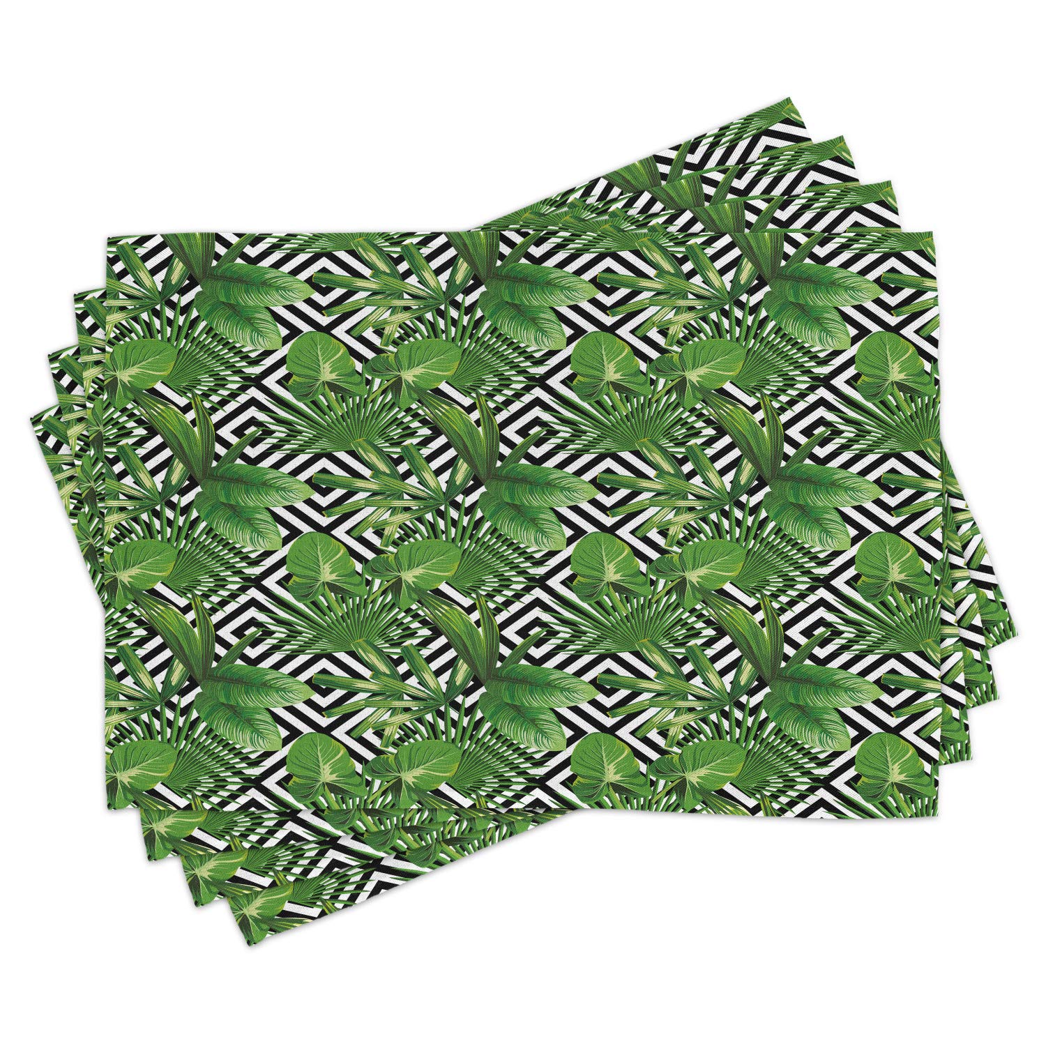 Ambesonne 4-Pack Banana Leaf Placemats - Tropical Coconut Palm Tree & Modern Abstract Rainforest Design - Washable Fabric Table Mats for Dining Room & Kitchen Decor (Black, White, Hunter Green) - Perfect for Dinner Parties, Tropical Themed Events & Everyday Use