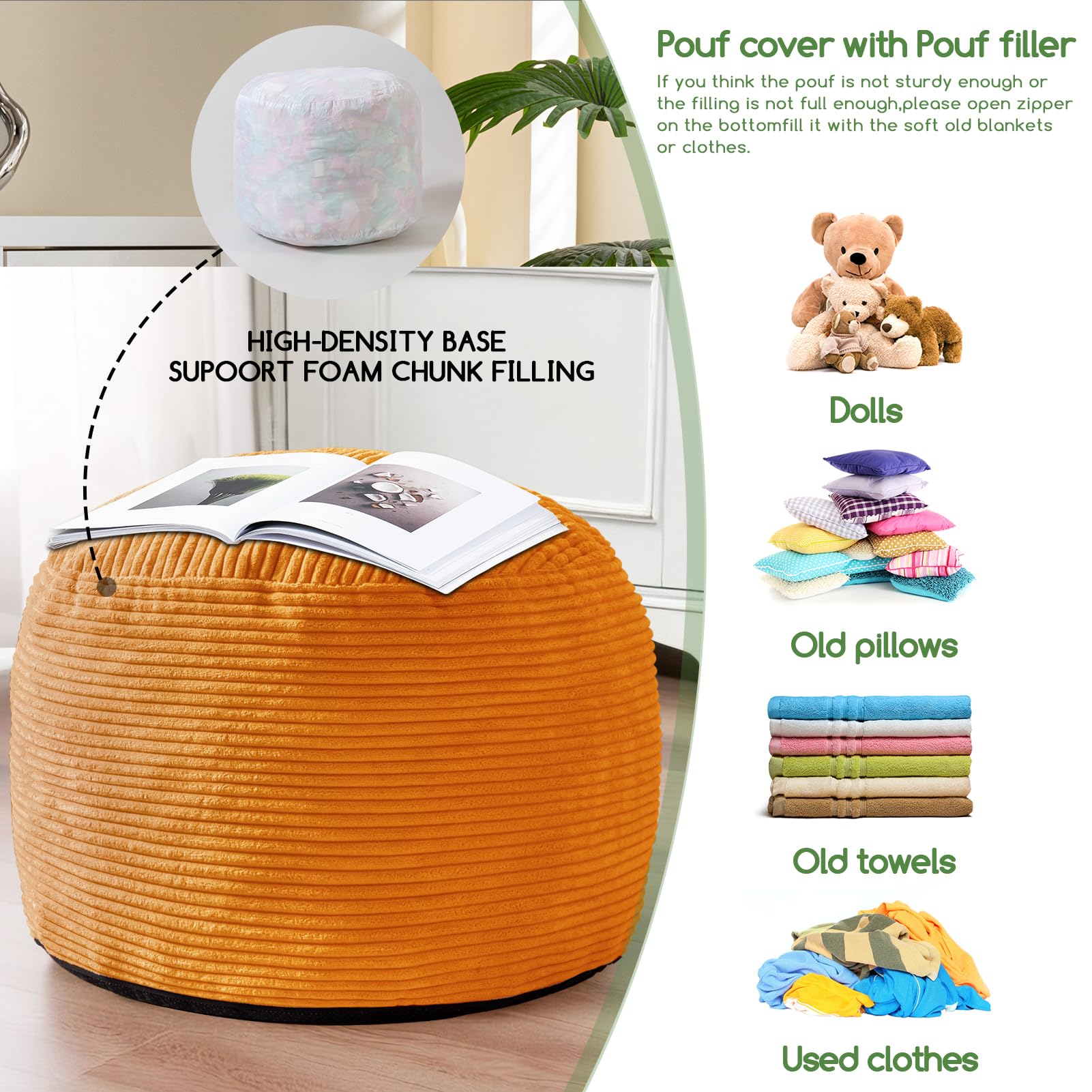 MAXYOYO Round Stuffed Pouf Ottoman - Corduroy Foam-Filled Footrest, 20 x 15 Inches, Orange - Perfect for Living Room, Bedroom & Nursery Decor