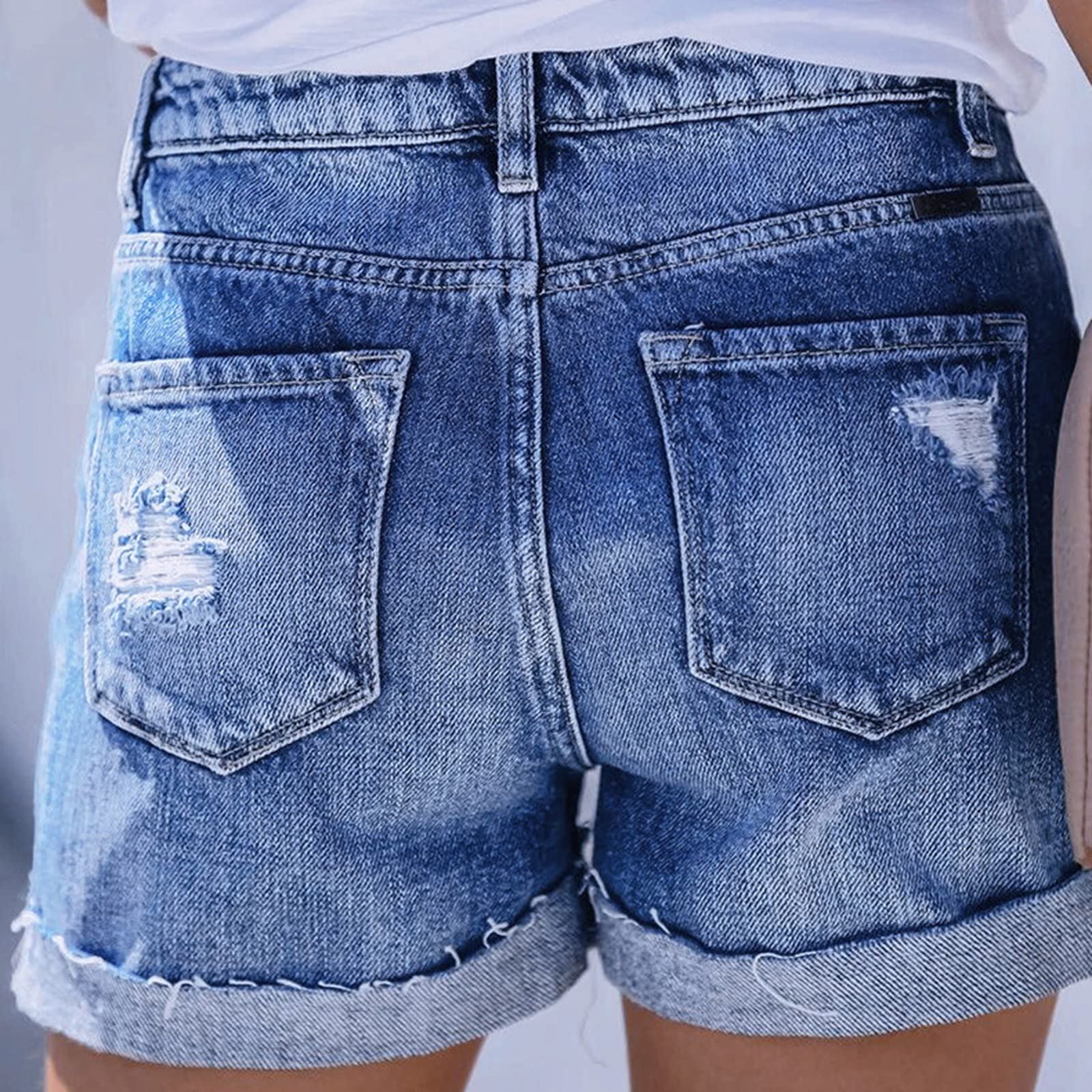 Women's Stretchy High Waisted Ripped Denim Shorts - Cuffed Hem Distressed Jean Shorts for Summer | Perfect for Beach, Music Festivals & Casual Outfits