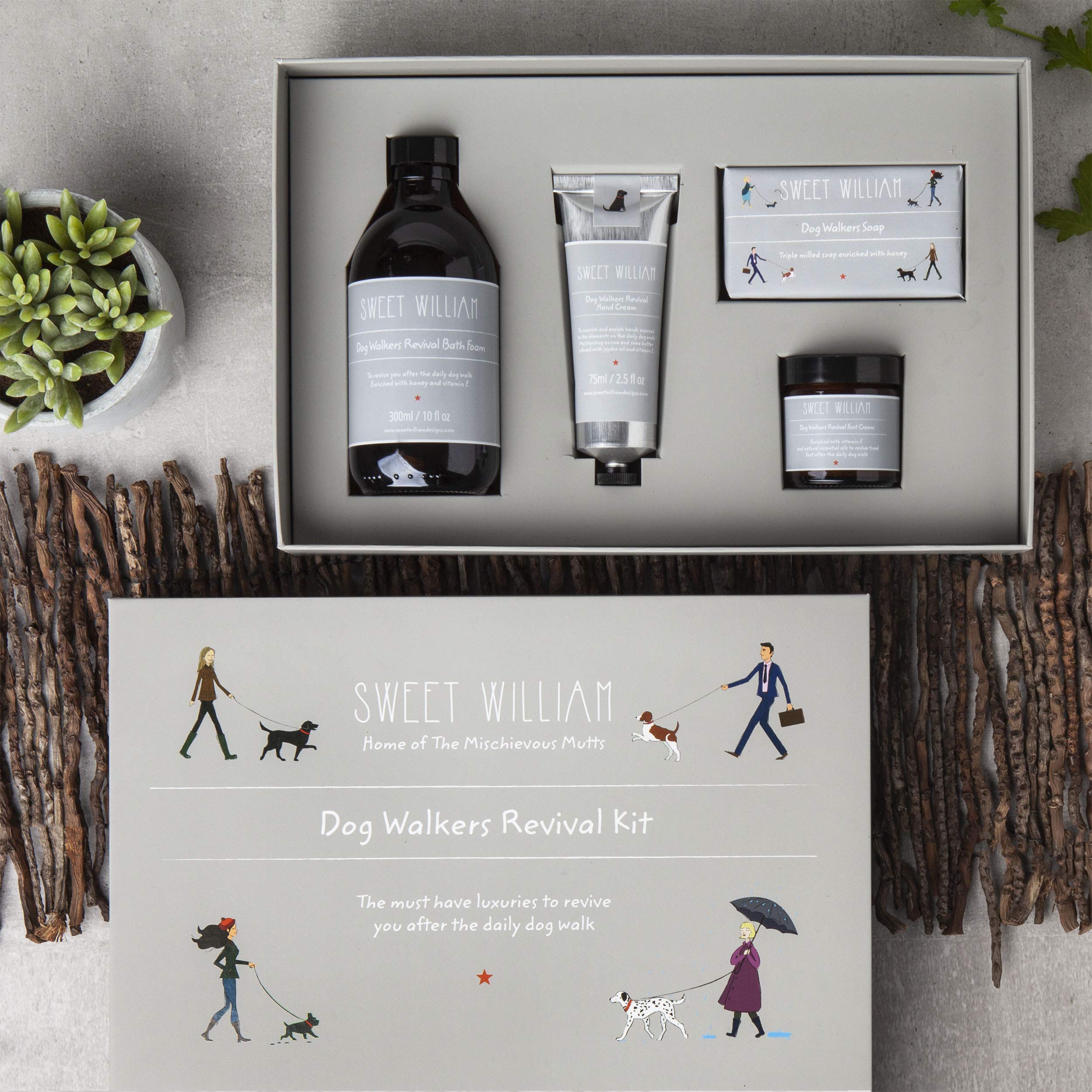 Sweet William Dog Walkers Revival Kit - Luxury Body Care Gift Set with Hand Cream, Bath Foam, Foot Cream & Handmade Soap | Perfect for Post-Walk Pampering & Relaxation Gifts for Dog Lovers