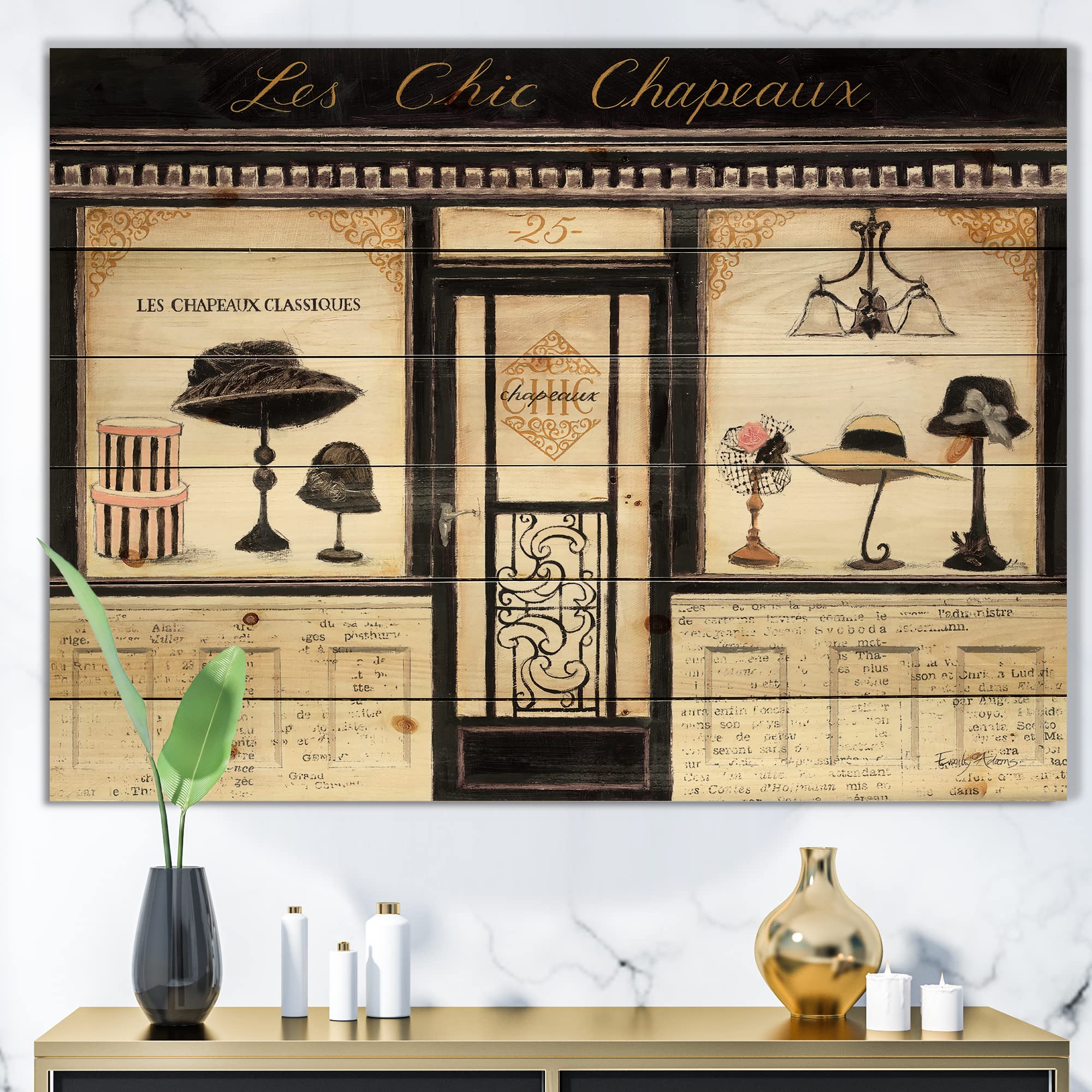 DesignQ Les Chic Chapeaux French Fashion Wood Wall Decor - Gold Traditional Wall Art Panel, Large Natural Pine Wood Printed Home Decor for Living Room, Bedroom & Office