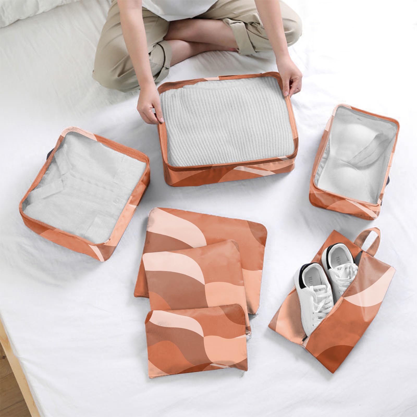 7-Piece Travel Packing Cubes Set - Luggage Organizers with Shoe Bag for Women | Aesthetic Wave & Leaf Design in Red/Brown | Perfect for Vacation, Business Trips & Weekend Getaways