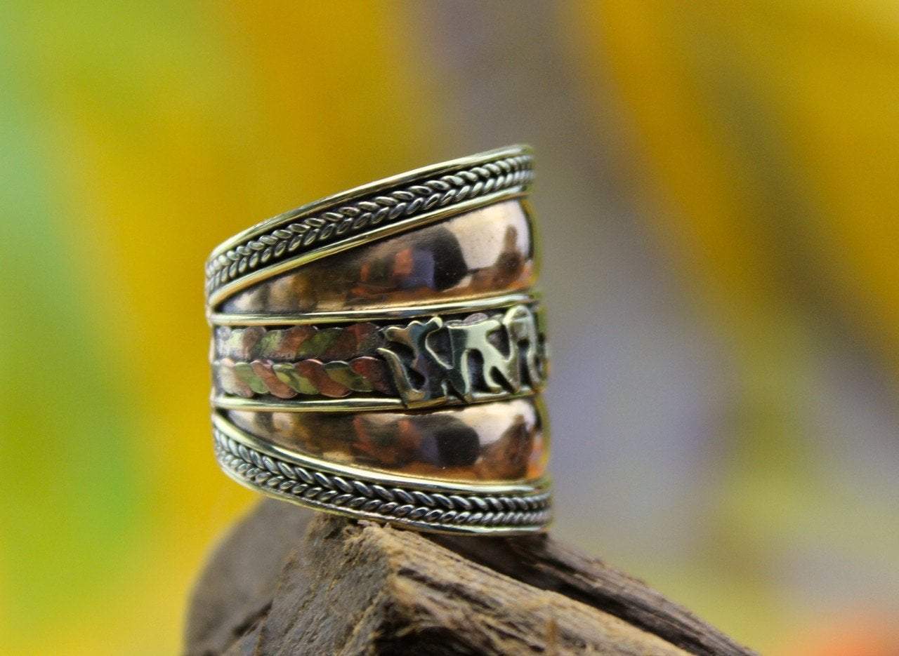 Adjustable Copper and Brass Mantra Ring for Yoga, Meditation & Spiritual Healing - Handmade Boho Jewelry for Women & Men