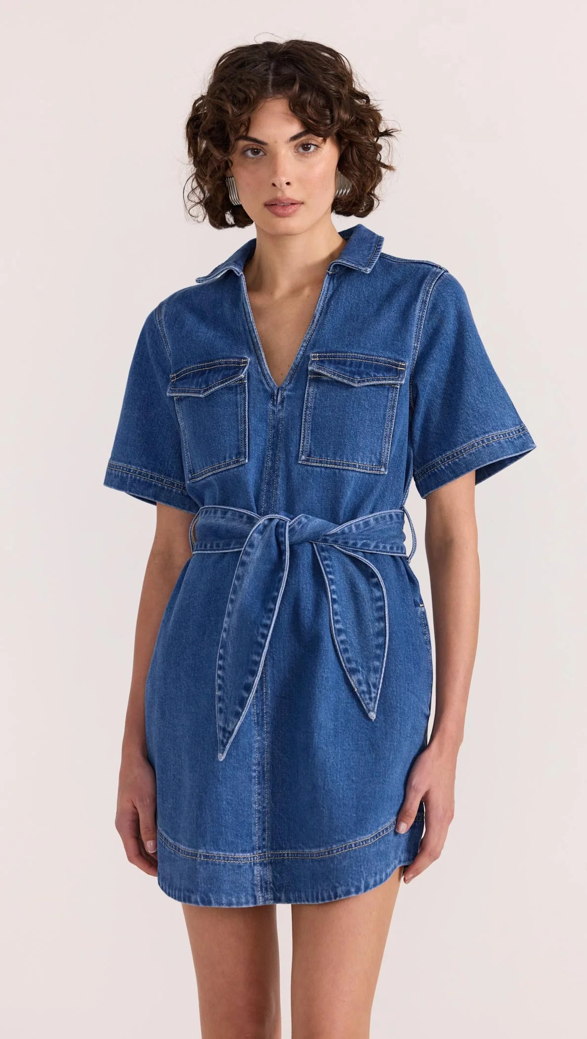 Brooks Women's Mid Blue Denim Short Sleeve Mini Dress - Casual Summer Outfit for Beach, Party & Date Night