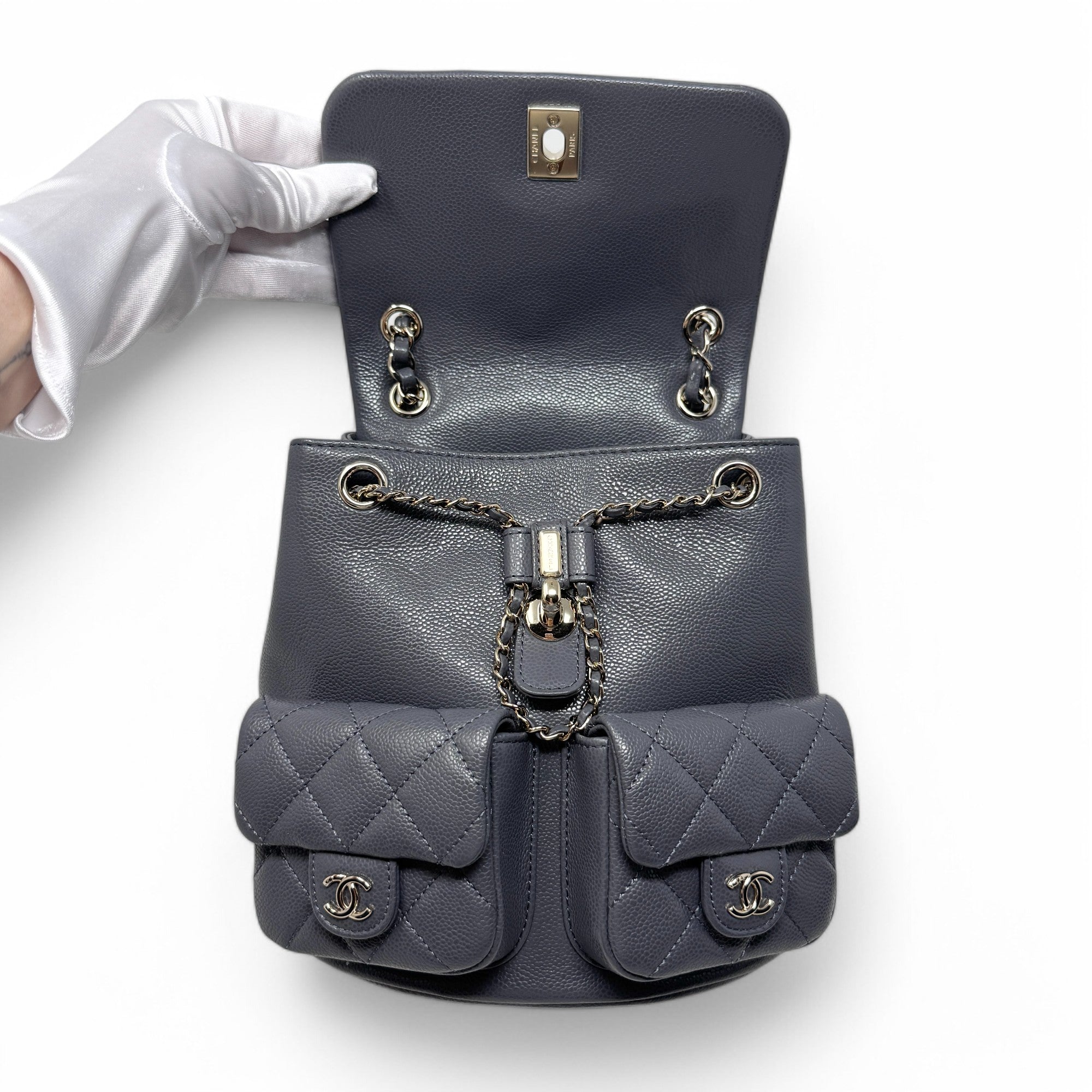 Chanel Grey Mini Duma Backpack with Pockets - Luxury Designer Crossbody Bag for Women, Perfect for Travel, Shopping & Everyday Use