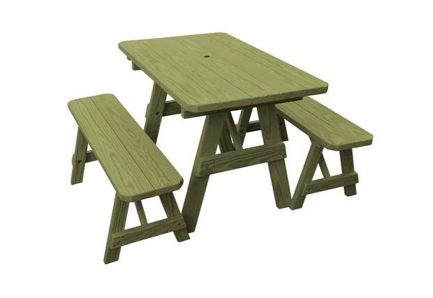 A & L Furniture Traditional Dining Table with 2 Benches - Free Umbrella Hole Included | Perfect for Patio, Garden & Outdoor Dining