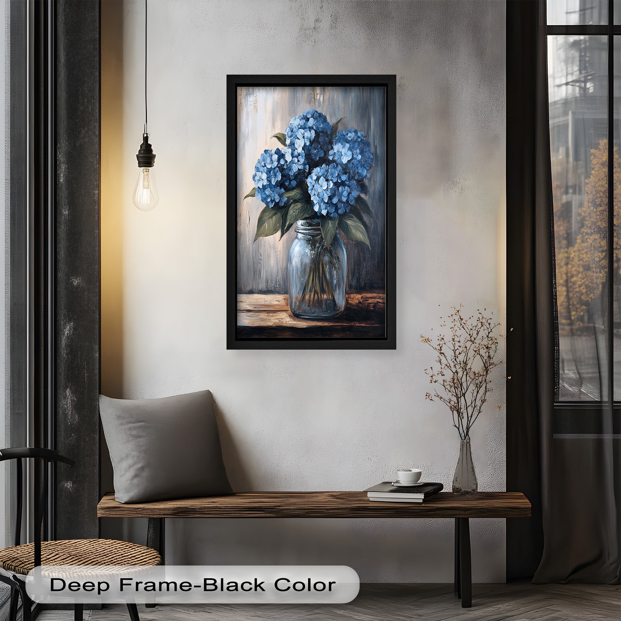 Blue Serenity Hydrangea Blooms in Mason Jar - Floral Oil Painting Wall Art for Home Decor, Living Room, Bedroom & Office | Handmade Canvas Artwork