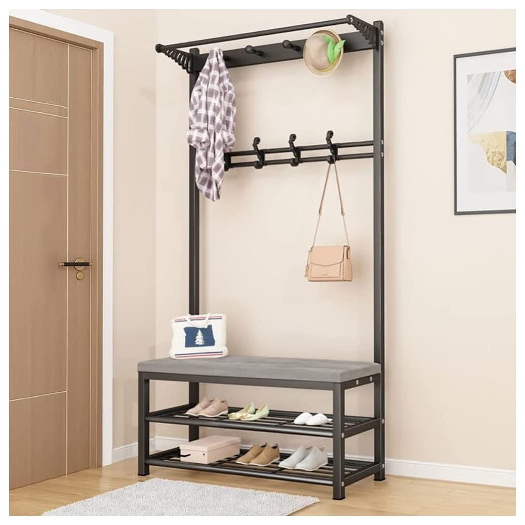ZFF 3-in-1 Hall Tree Entryway Organizer - Coat Rack with Shoe Bench, 2-Tier Storage Shelves & 10 Hooks - Durable Metal Frame for Living Room, Bathroom, Hallway - Perfect for Small Spaces & Home Organization