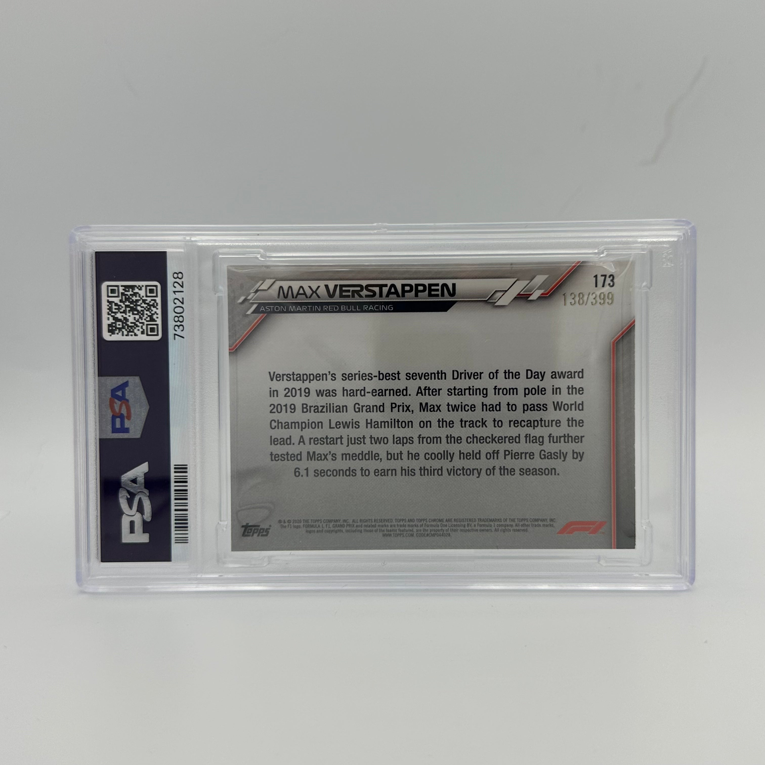 PSA 8 Graded 138/399 MAX VERSTAPPEN #173 Purple Refractor Trading Card - Perfect for F1 Collectors and Sports Memorabilia Enthusiasts