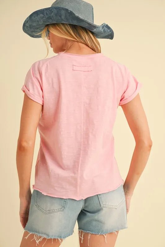 Aemi + Co Women's Lettuce Edge Round Neck Short Sleeve T-Shirt - Soft Casual Tee for Everyday Wear, Lounge & Summer Outfits