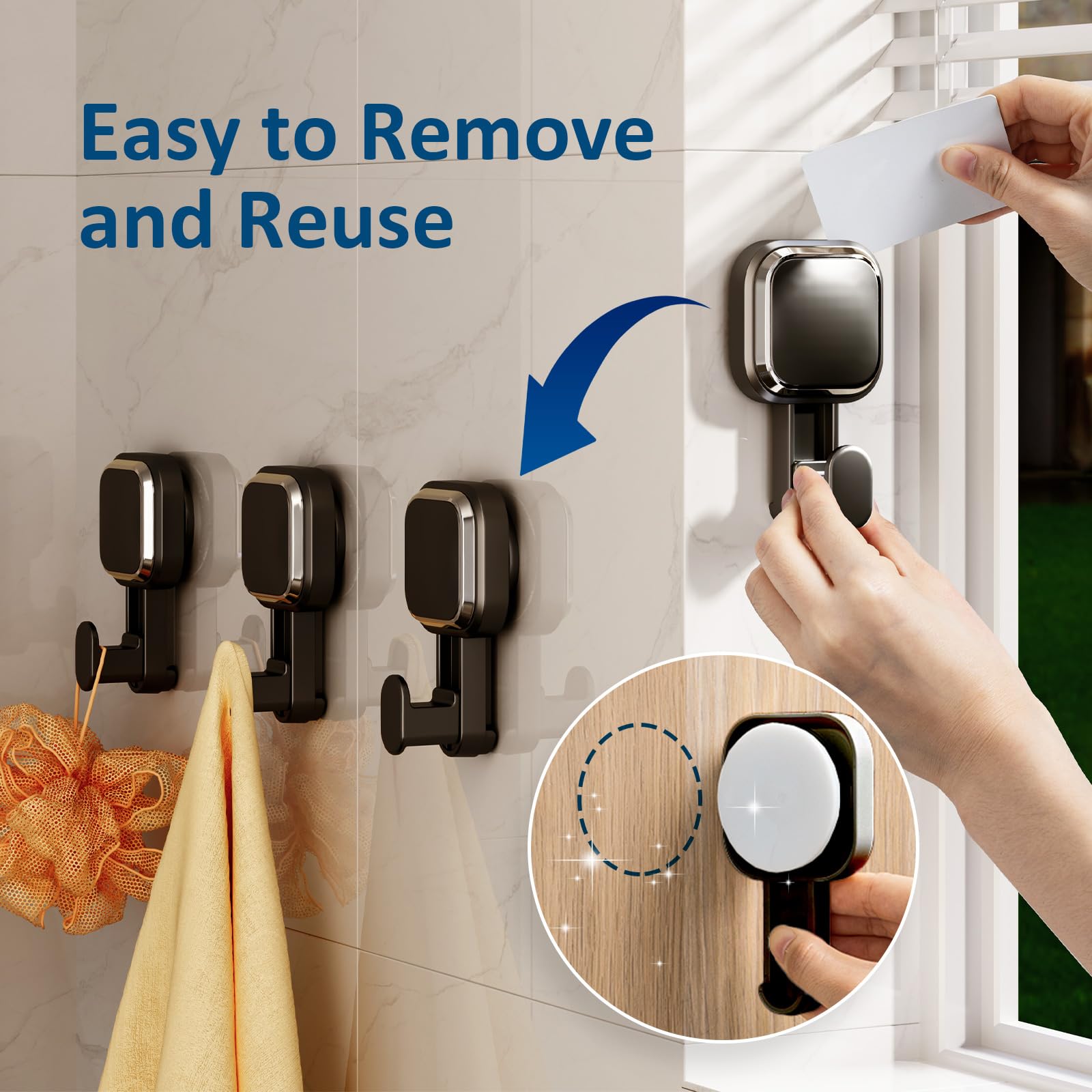 Damage-Free Hanging Suction Cup Shower Hooks - Powerful Vacuum Suction Loofah & Towel Holder for Bathroom - Easy Install & Remove - Black (4 Pack) - Perfect for Organizing Shower Accessories, Hanging Sponges & Washcloths