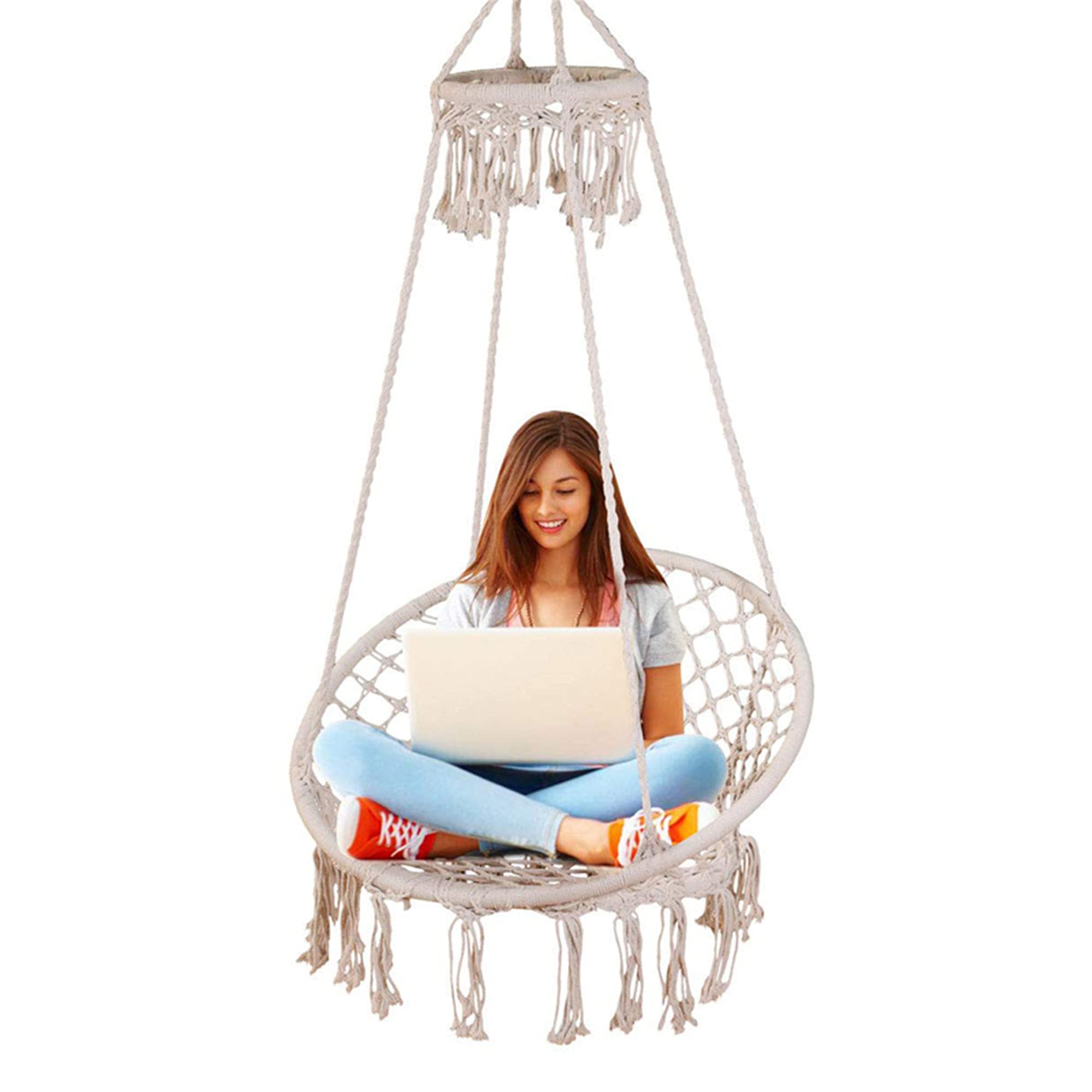 Premium Handmade Macrame Hammock Chair with Cotton Rope & Tassels - Indoor/Outdoor Boho Swing Chair for Patio, Garden, Nursery & Relaxation