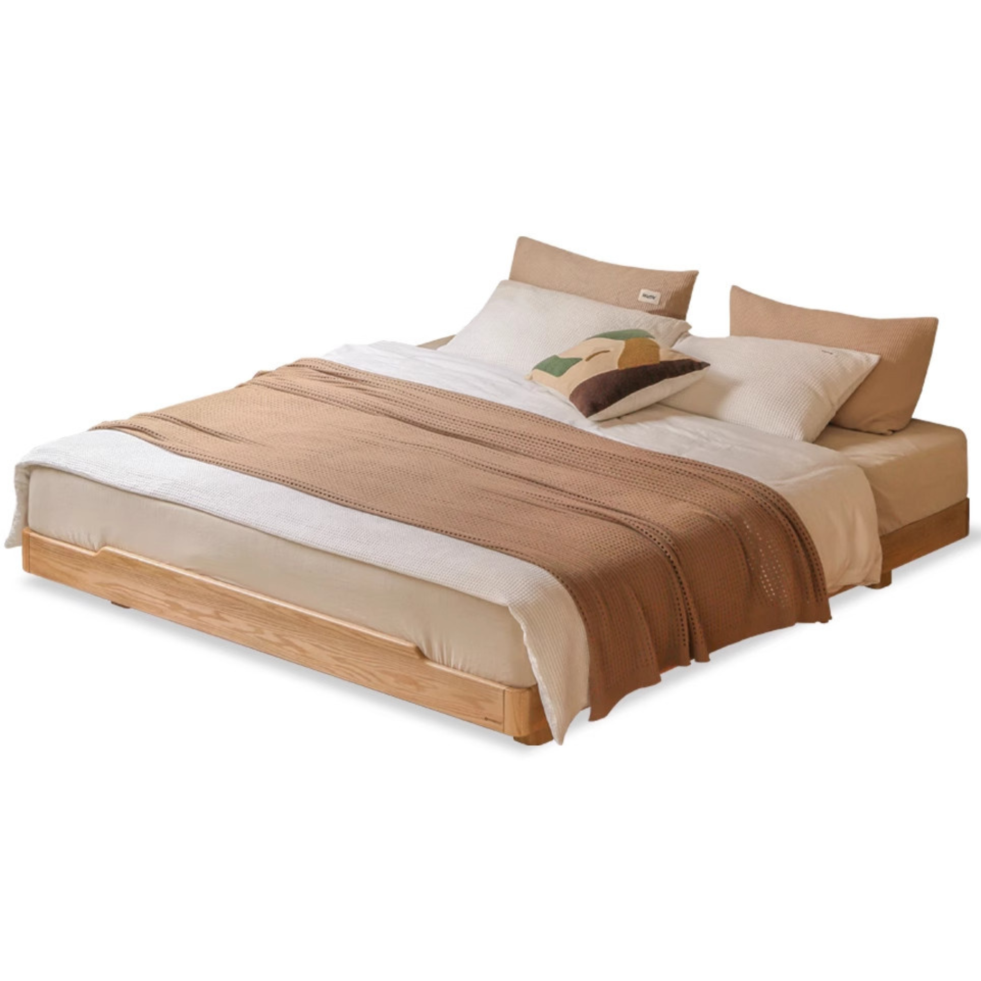 Solid Oak Wood Floating Platform Bed - No Headboard Modern Minimalist Bed Frame with LED Lights for Bedroom, Guest Room, or Studio Apartment